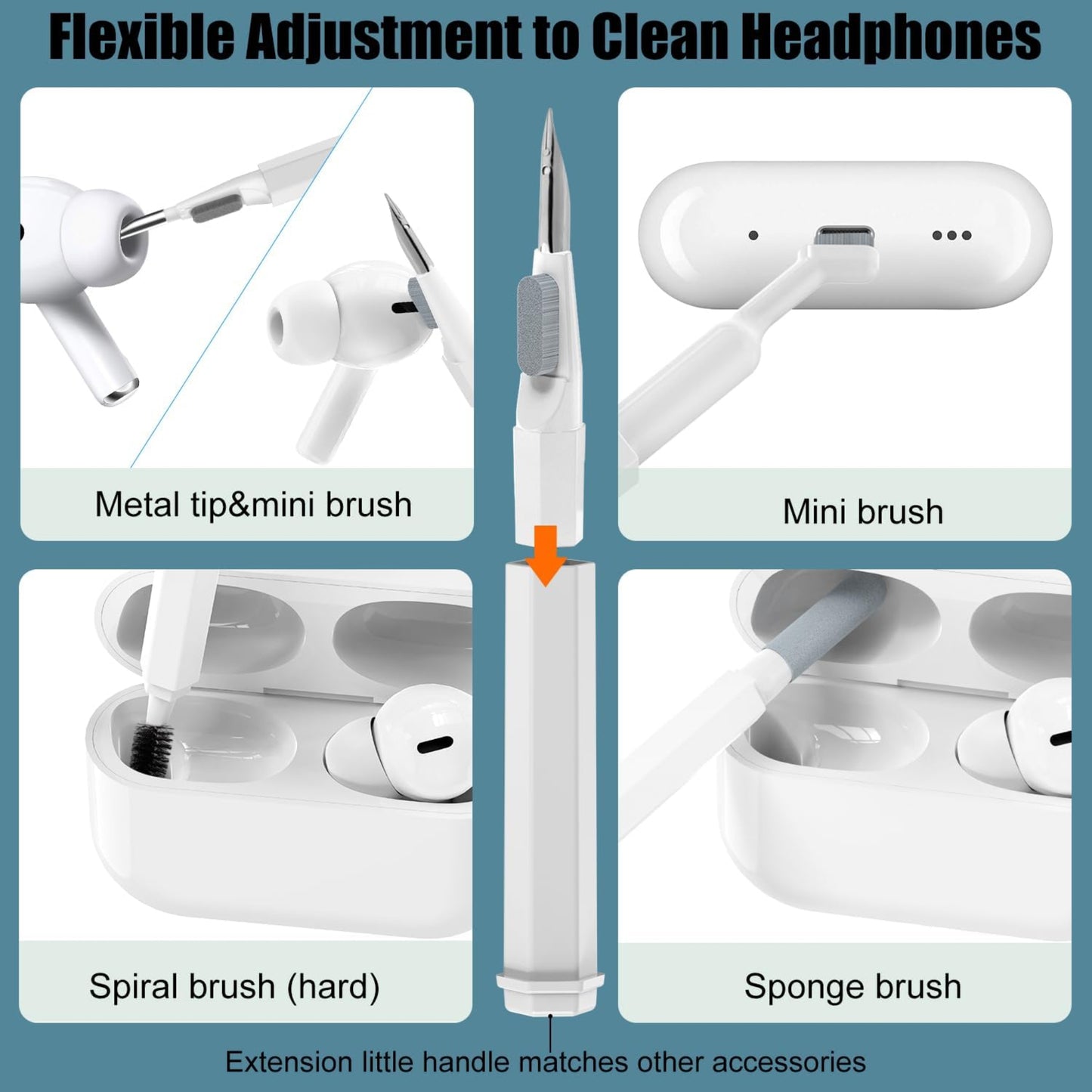 Flexible cleaning tools for headphones, including metal tip, mini, spiral, and sponge brushes for effective maintenance.