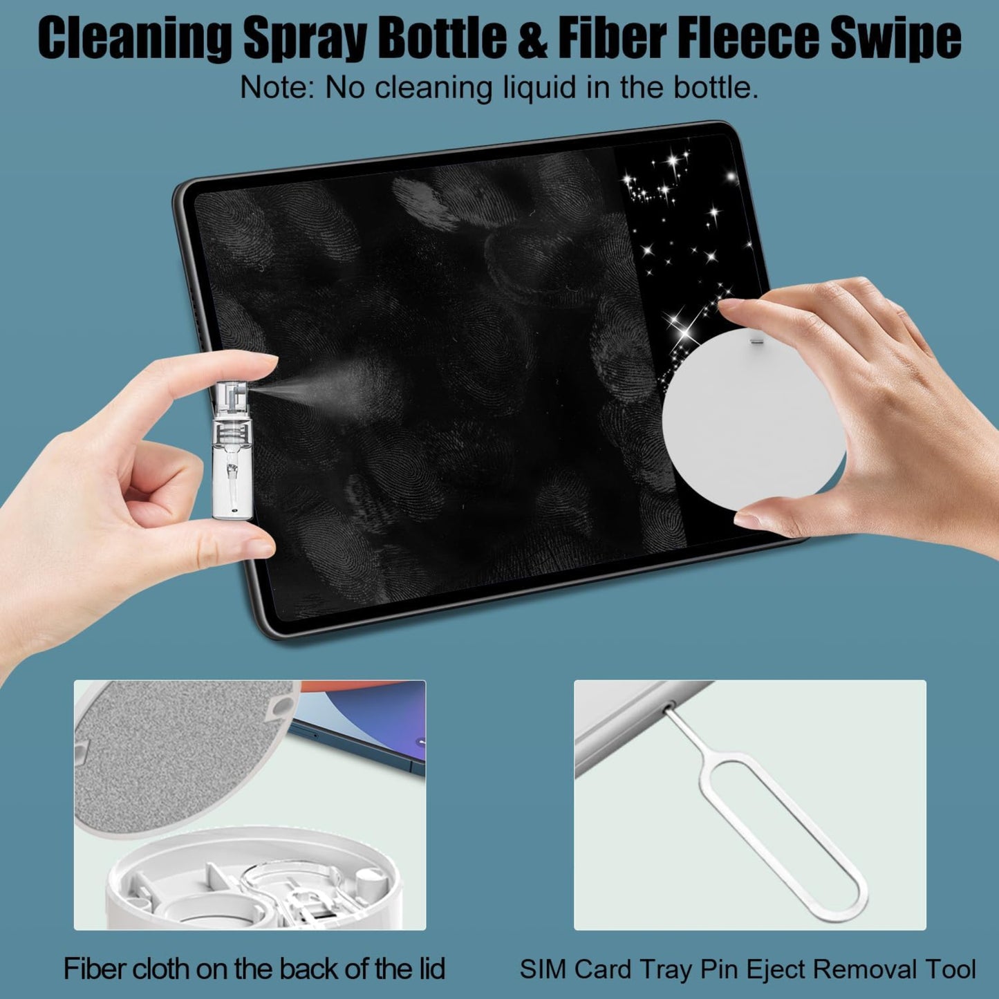 Cleaning spray bottle and fiber fleece swipe for electronic device maintenance, featuring SIM card tray pin tool.