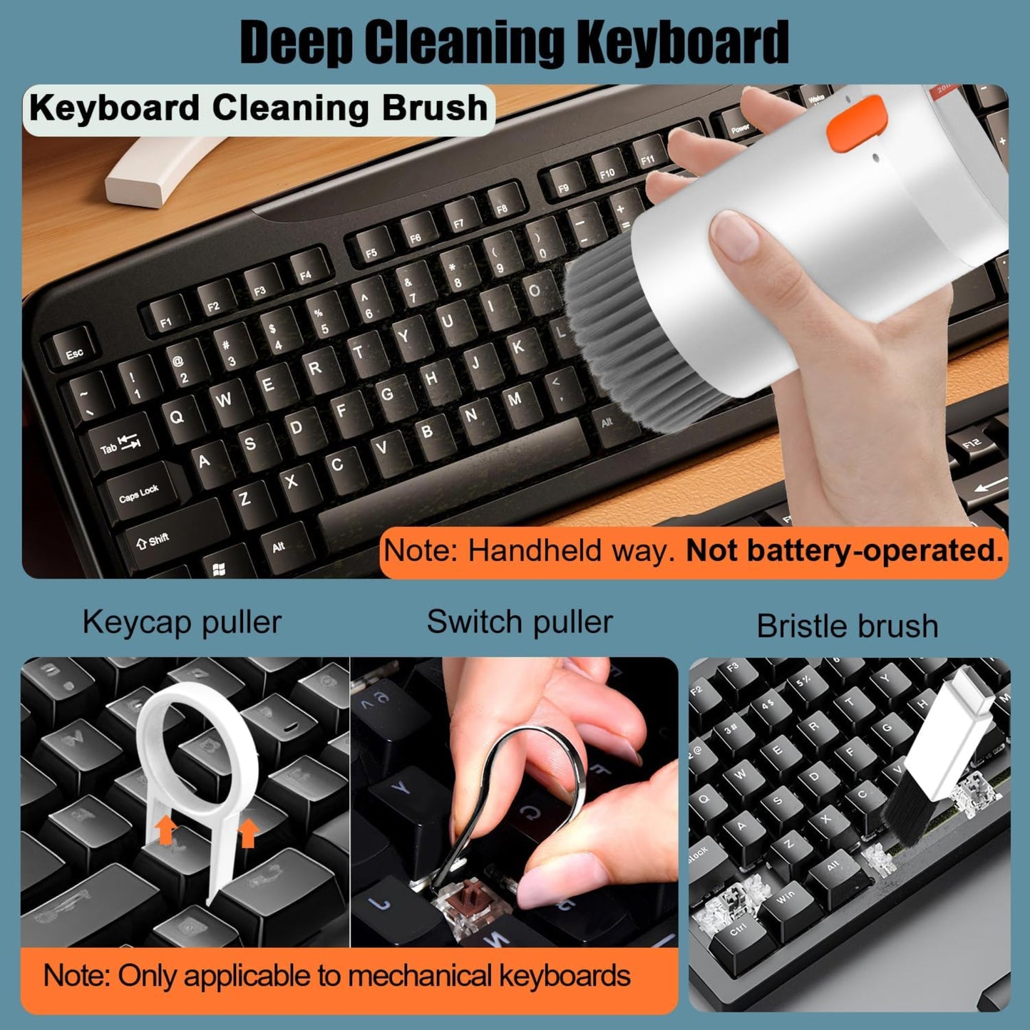 20-in-1 electronics cleaning kit showing keyboard cleaning brush, keycap puller, and switch puller for deep cleaning.