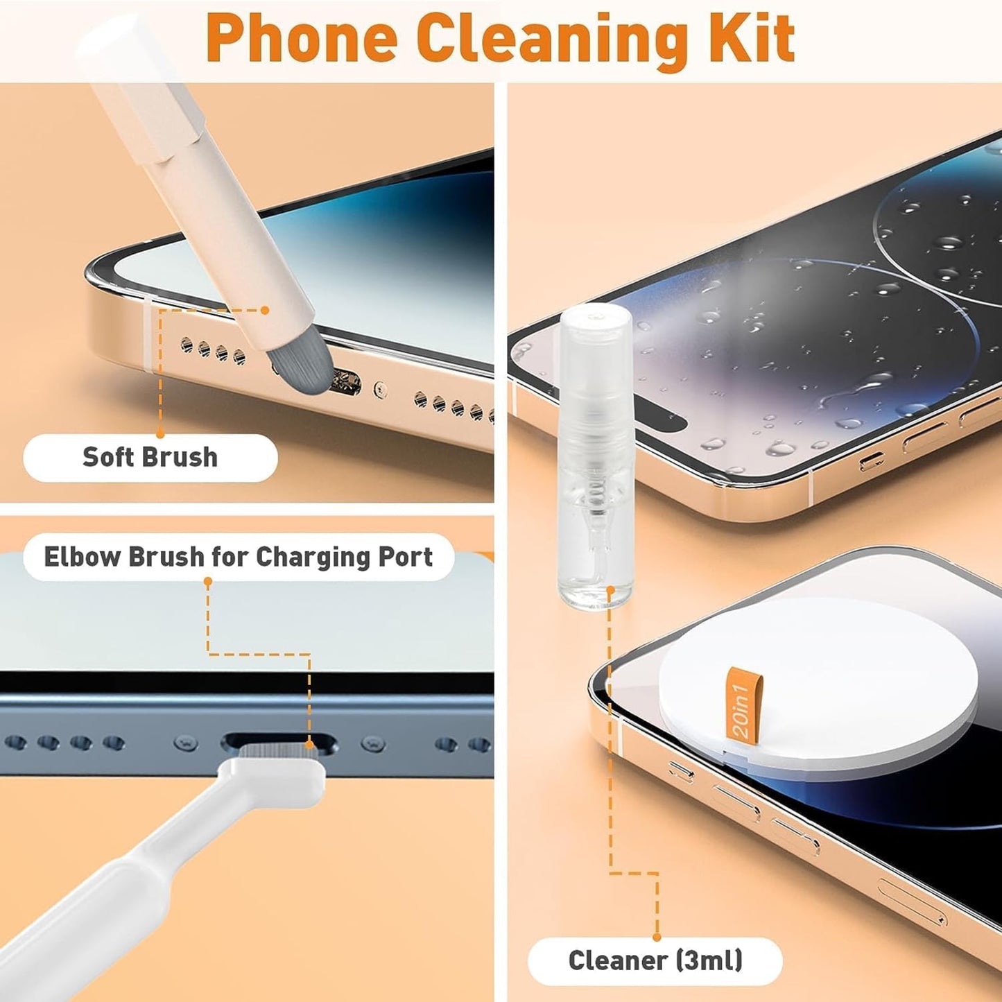 20-in-1 electronics cleaning kit featuring soft brush, elbow brush, and cleaner for effective device maintenance.