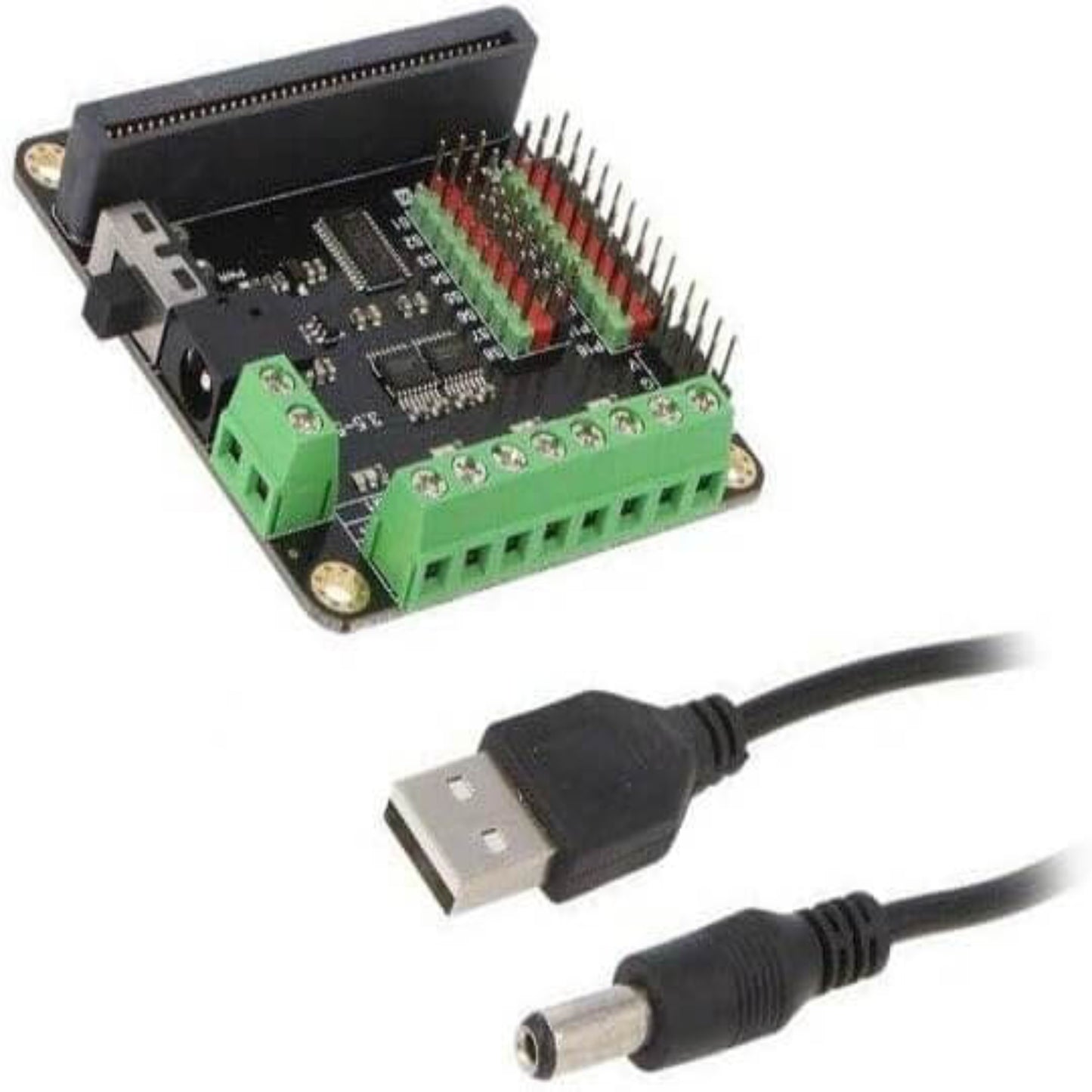 DFRobot Micro:bit Driver Expansion Board (V1.0) with connectors and USB cable for robotics projects.