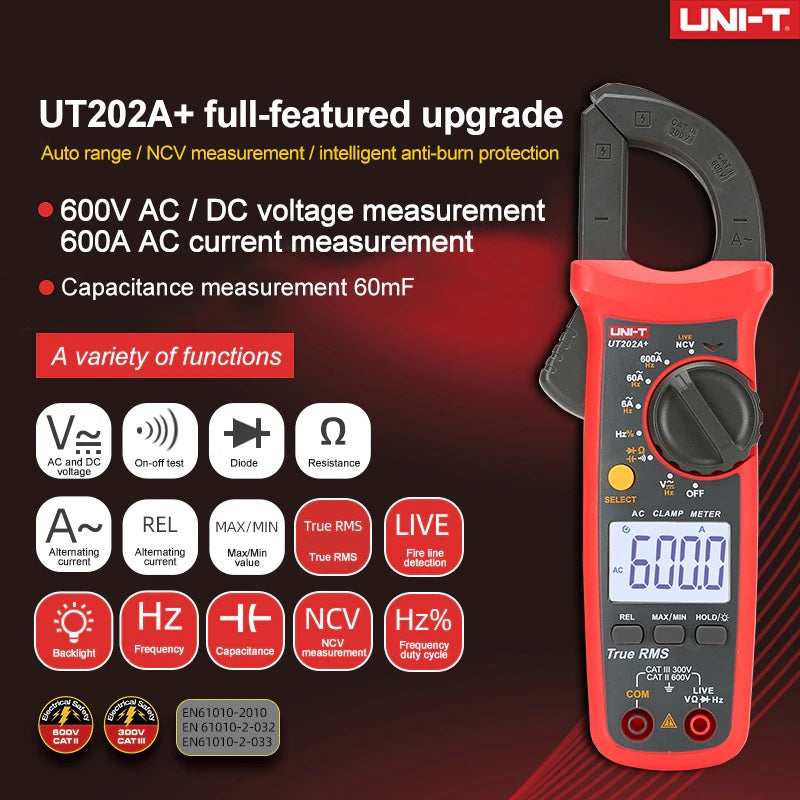 UNI-T UT202A+ Digital AC Clamp Meter Current 600A