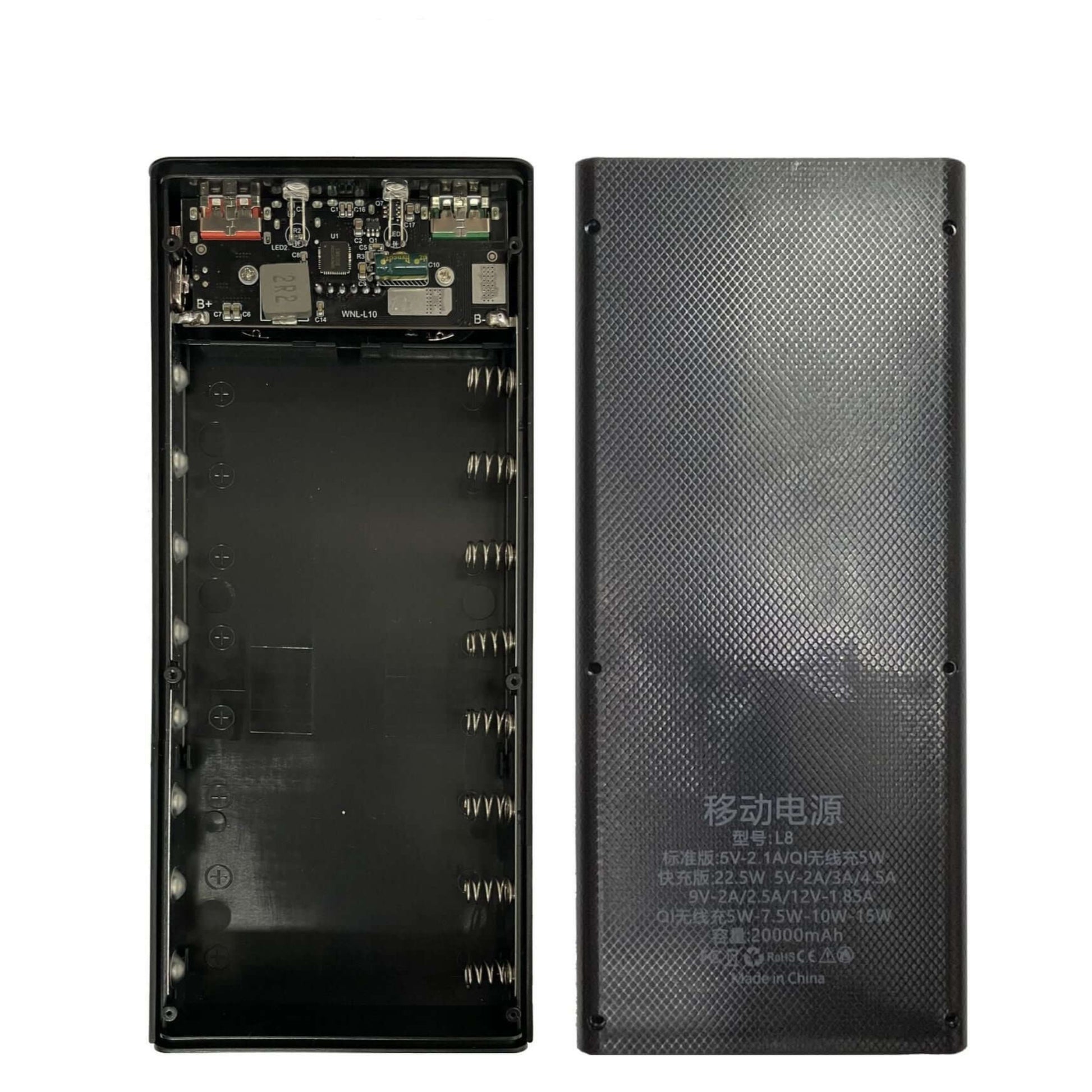 Top-down view of the empty 8x18650 power bank chassis next to its textured back cover, showing internal circuitry.