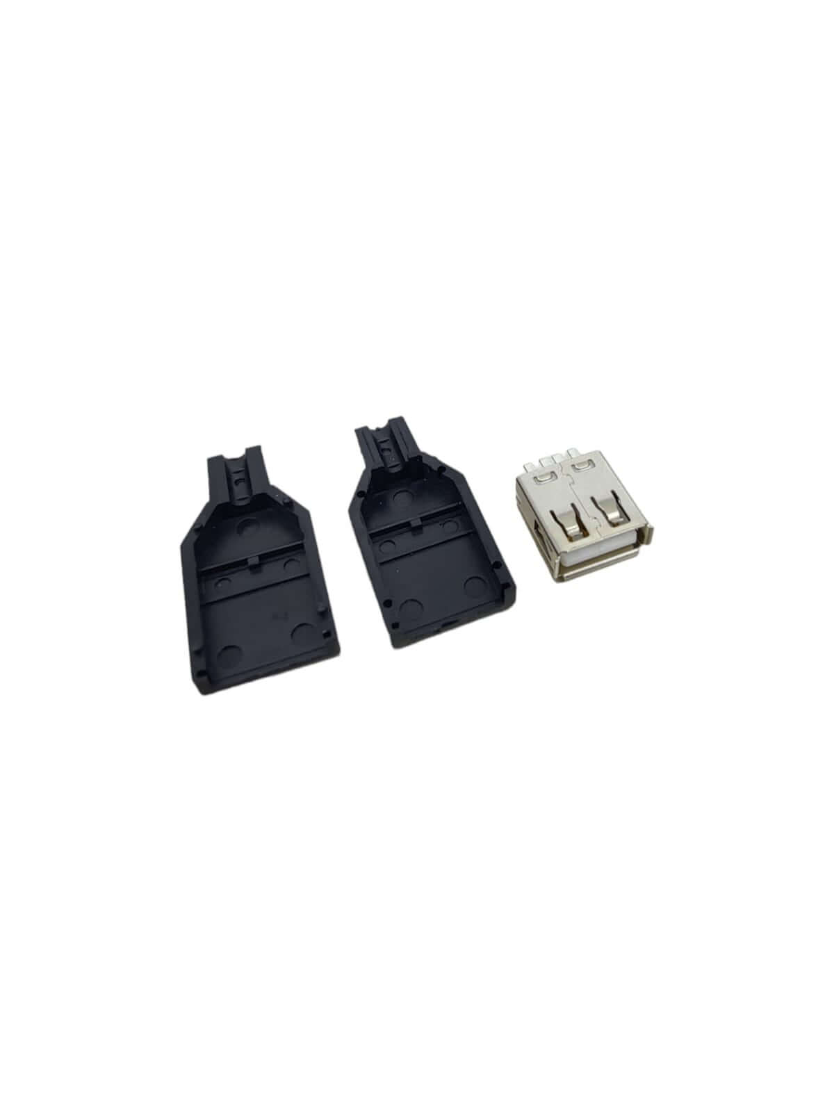 DIY USB adapter connector set with two black plastic covers and a USB Type A 4 pin male connector.