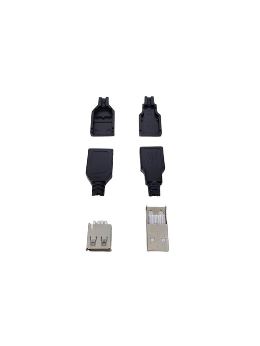 DIY USB connector parts including Type A male and female plugs with black plastic covers.