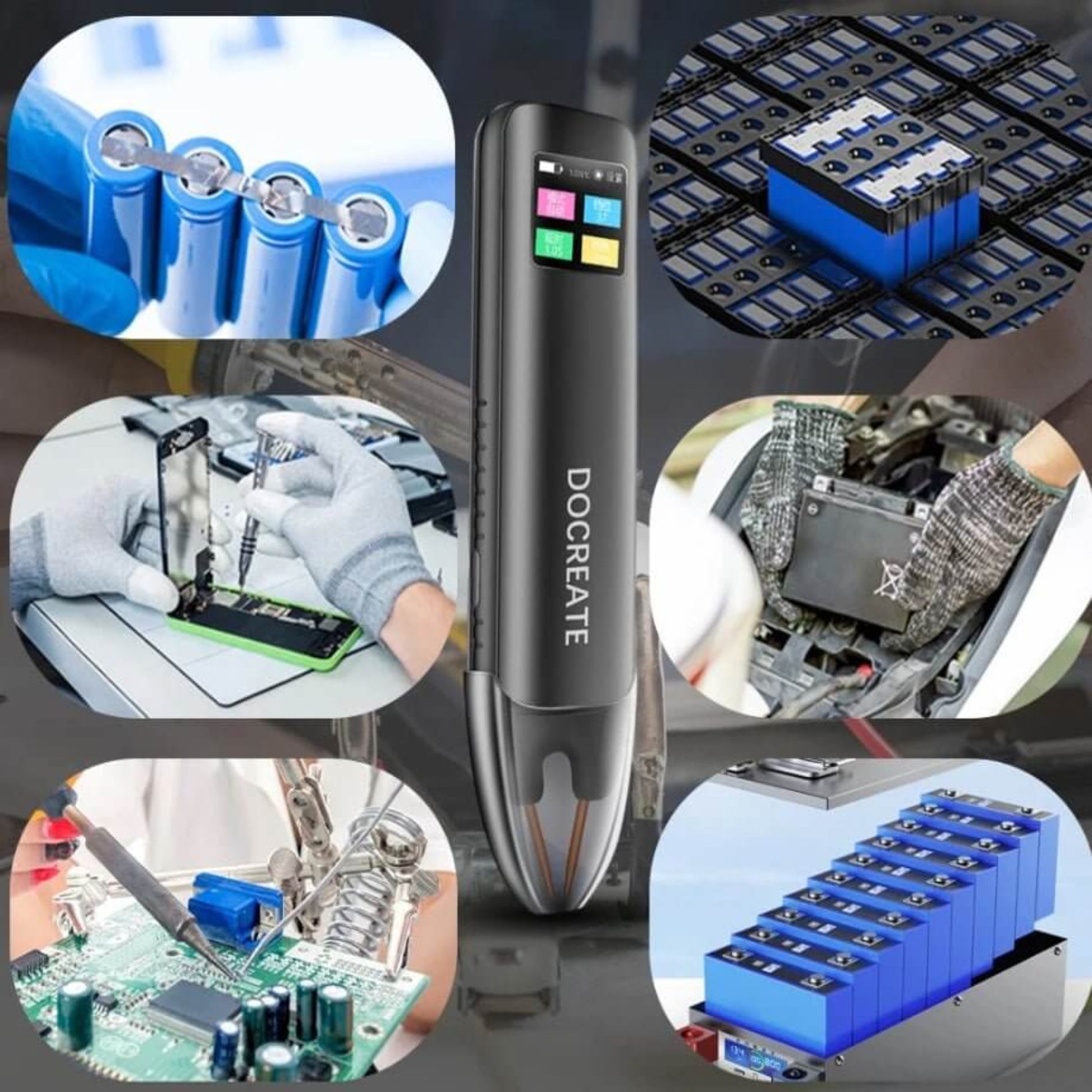 DO CREATE portable handheld spot welder for efficient 18650 battery repairs and DIY projects, shown in various uses.