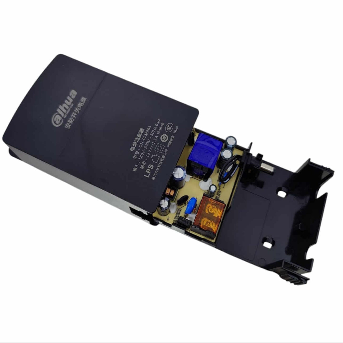 Dahua 12V 1.5A power adapter interior view for CCTV cameras and DVRs.