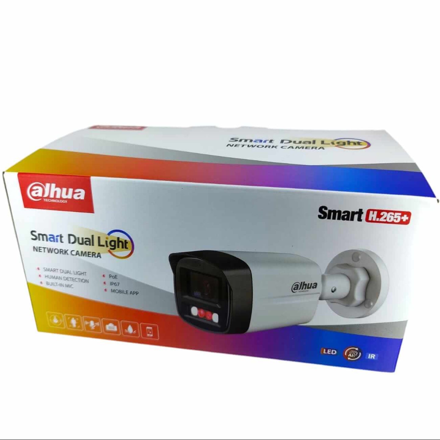 Dahua 2MP Smart Dual Light Network Camera packaging with features highlighted, ideal for advanced surveillance.
