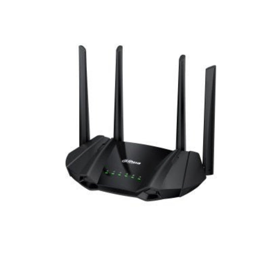 Dahua AX1500 WiFi 6 router with four antennas, supporting 1.5 Gbps speed and advanced wireless technology.