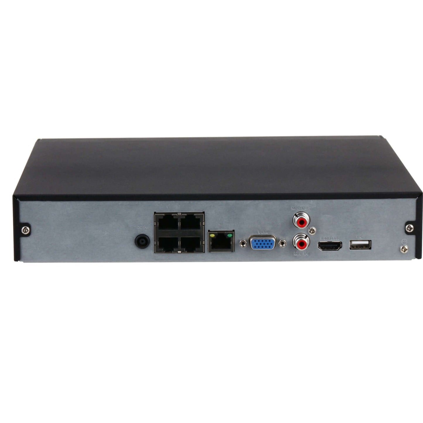 Back view of Dahua NVR4104HS-P-4KS3 4-channel network video recorder showing ports and connections.