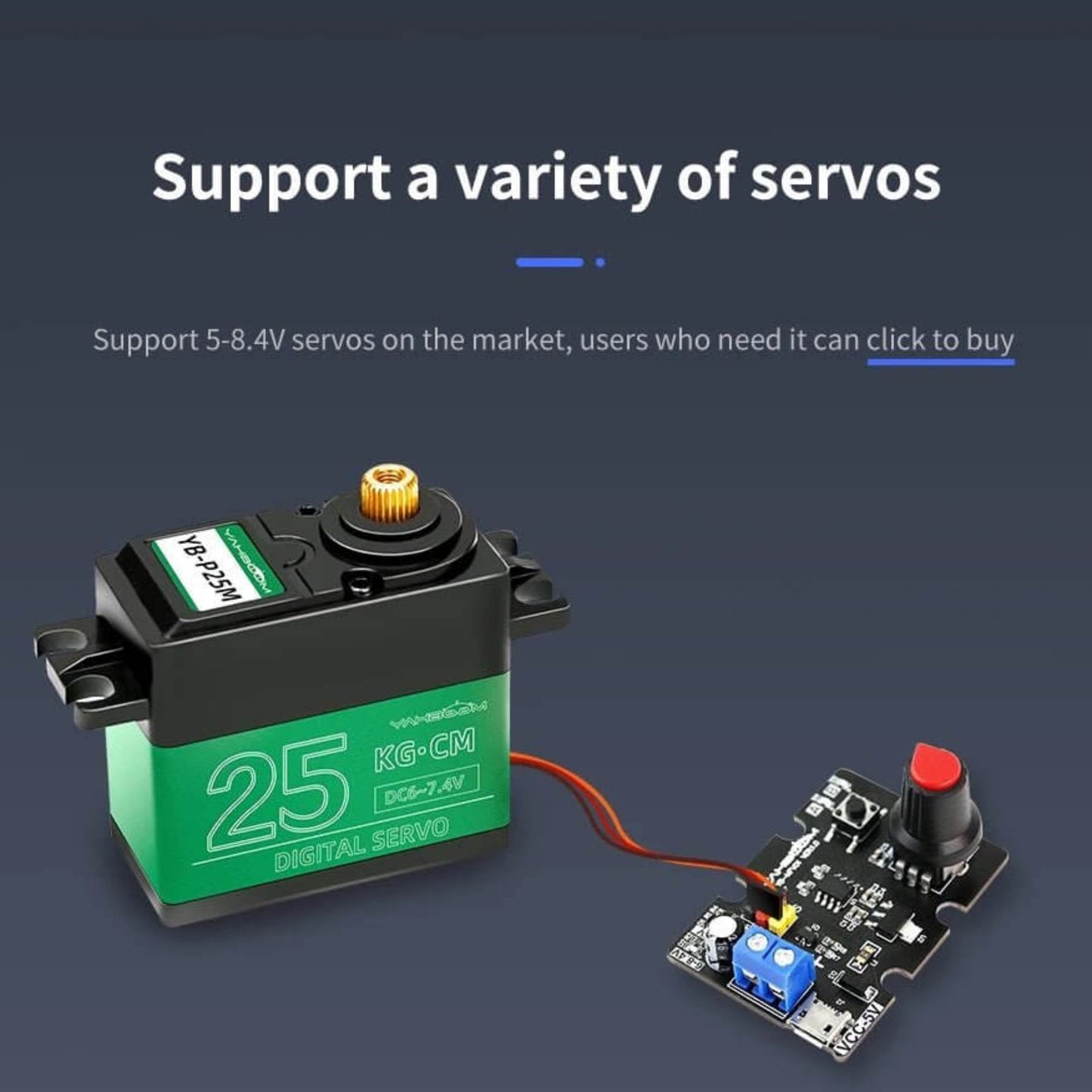 Single-channel Servo Debugging Board with a digital servo tester and PWM servo for robot development.