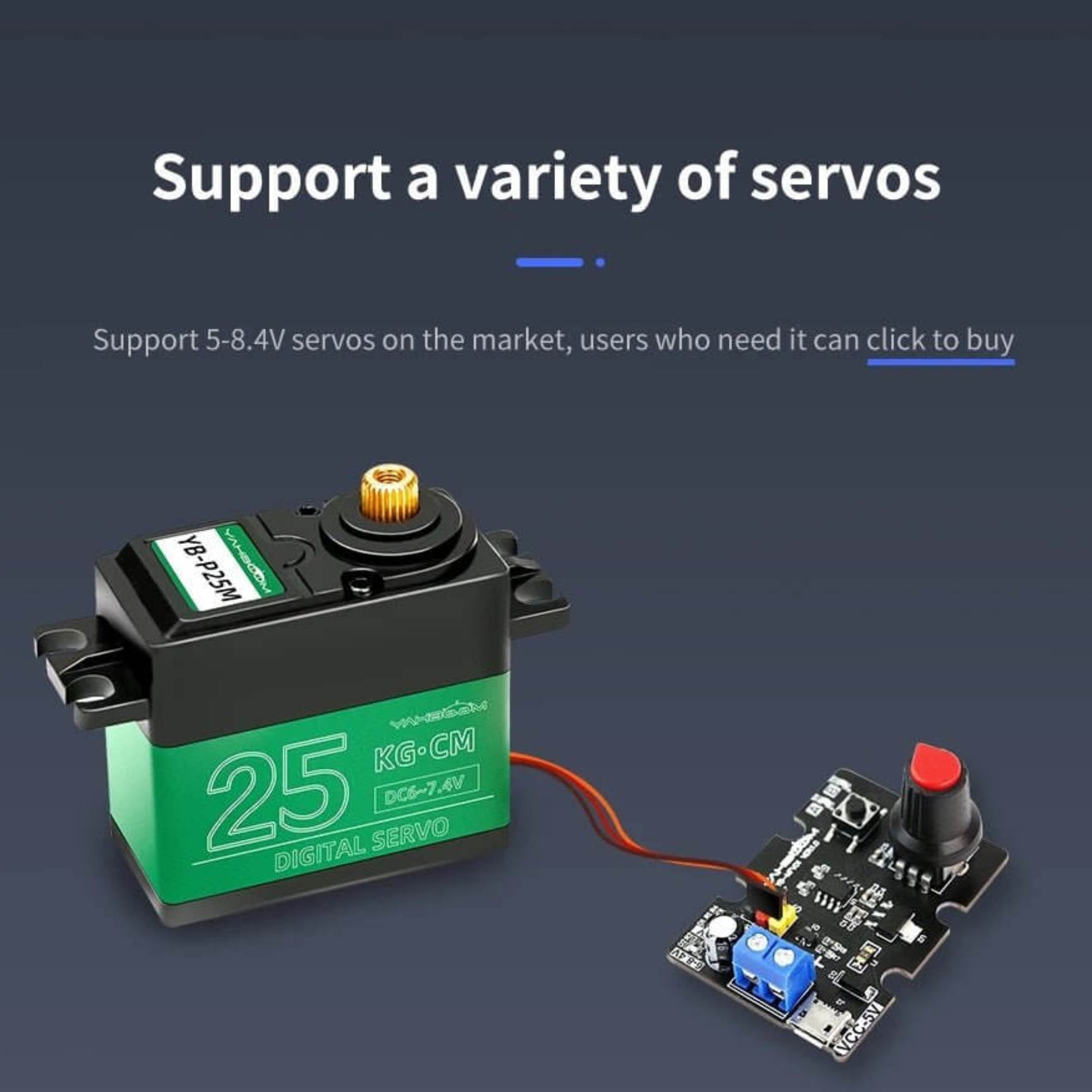 Single-channel Servo Debugging Board with a digital servo tester and PWM servo for robot development.
