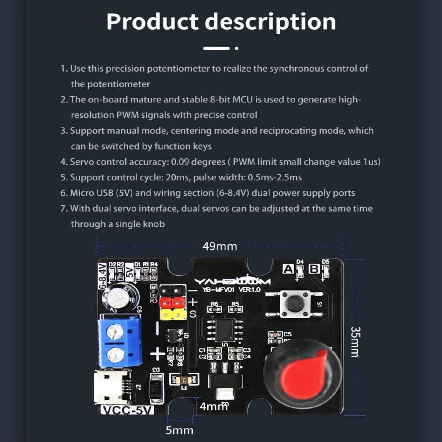Single-channel Servo Debugging Board with detailed product description and specifications for servo control.
