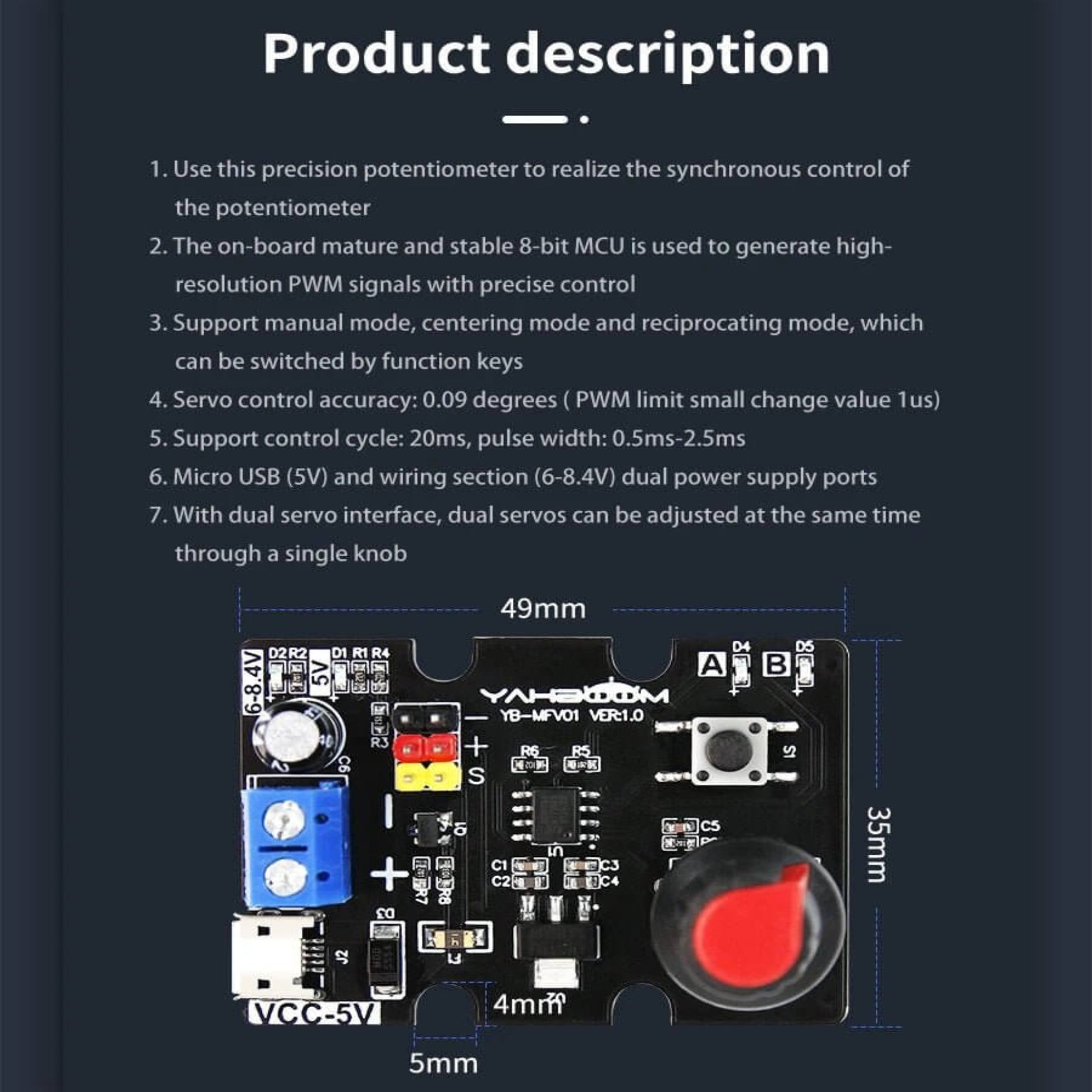 Single-channel Servo Debugging Board with detailed product description and specifications for servo control.