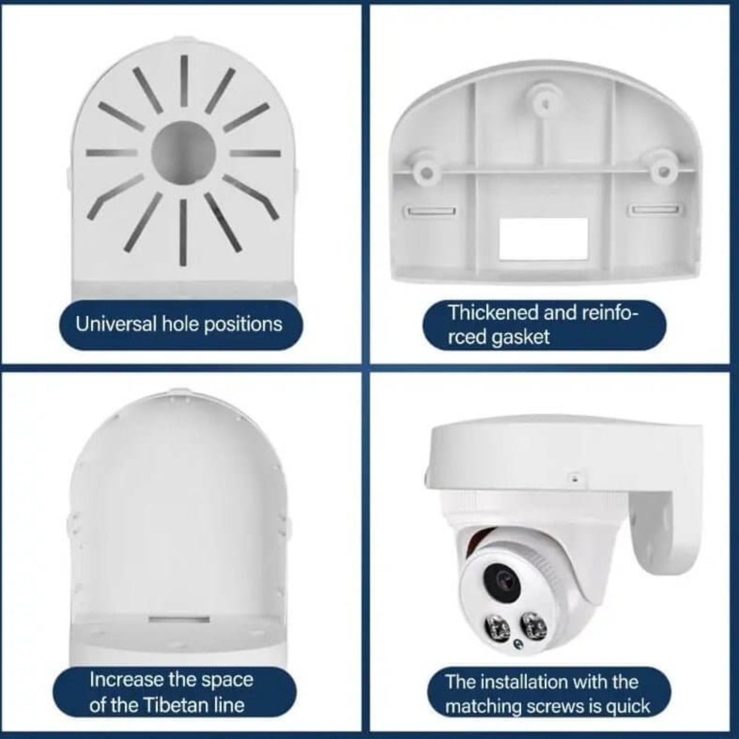 Universal waterproof dome camera ceiling mount features, including hole positions, reinforced gasket, and quick installation.
