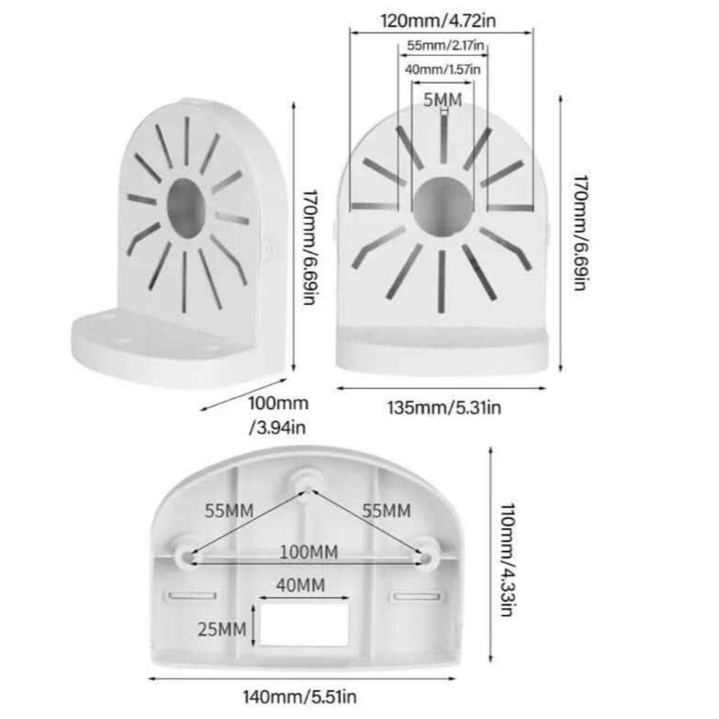 Universal waterproof ceiling mount bracket for dome cameras, showing detailed measurements and design.