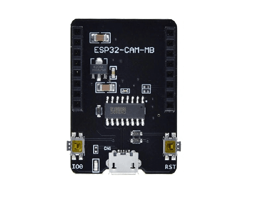 ESP32-CAM-MB USB module with CH340 chip for programming ESP32-CAM camera module via micro USB interface.