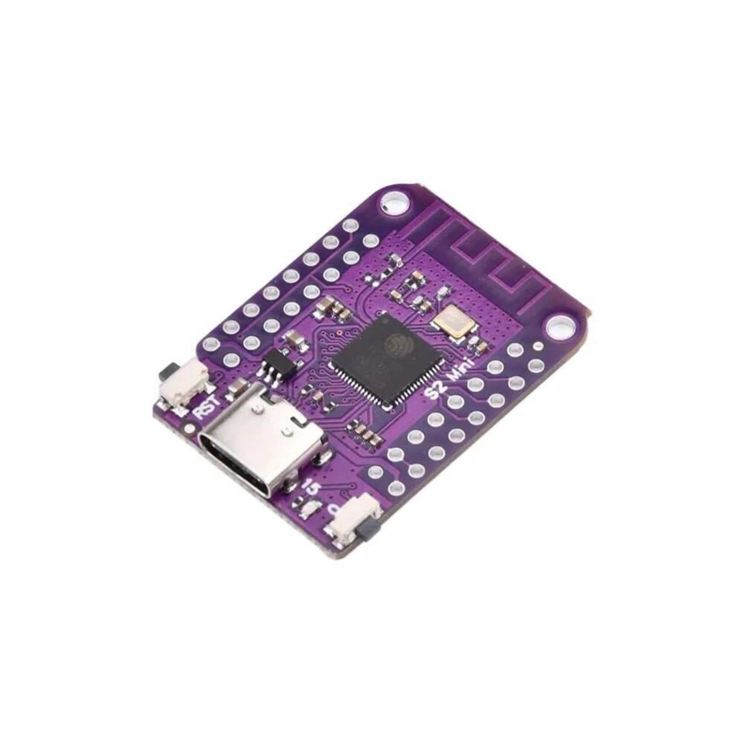 Top-down view of the purple S2 Mini development board featuring the ESP32-S2 chip and USB-C connector.