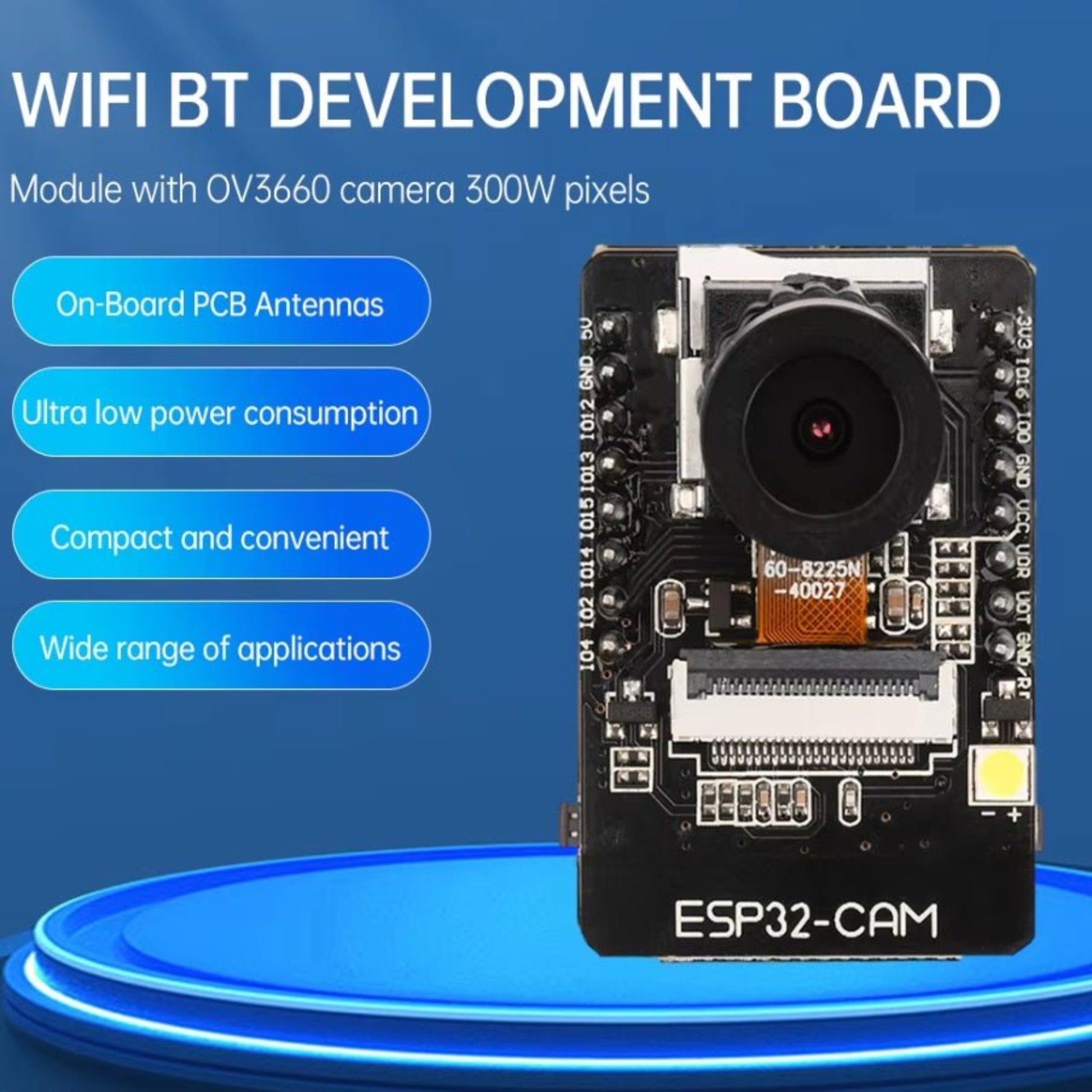 ESP32-CAM Module with OV3660 camera, featuring PCB antennas, low power consumption, and versatile applications.