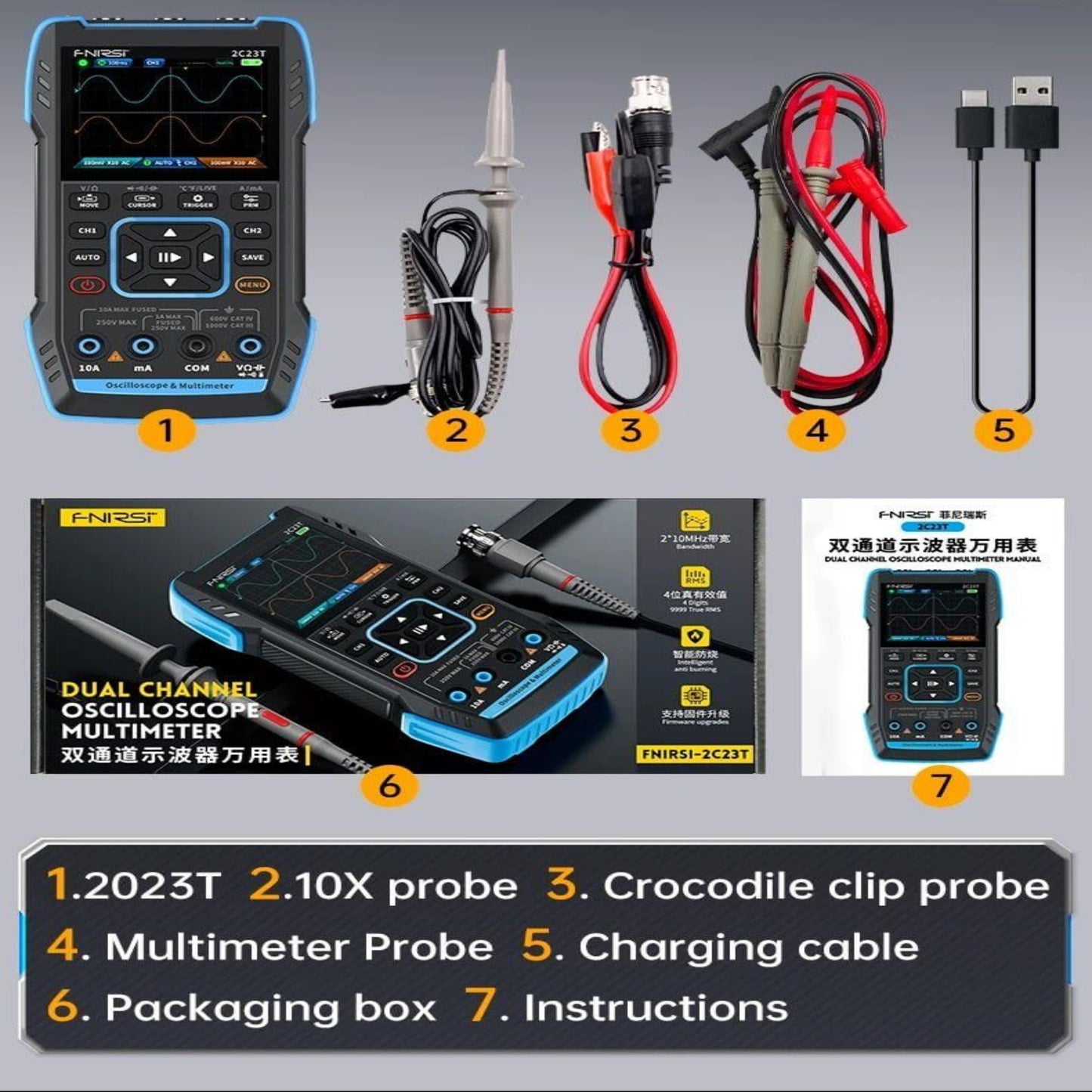Packing list for FNIRSI 2C23T with oscilloscope, probes, multimeter, cables, packaging box, and instructions.