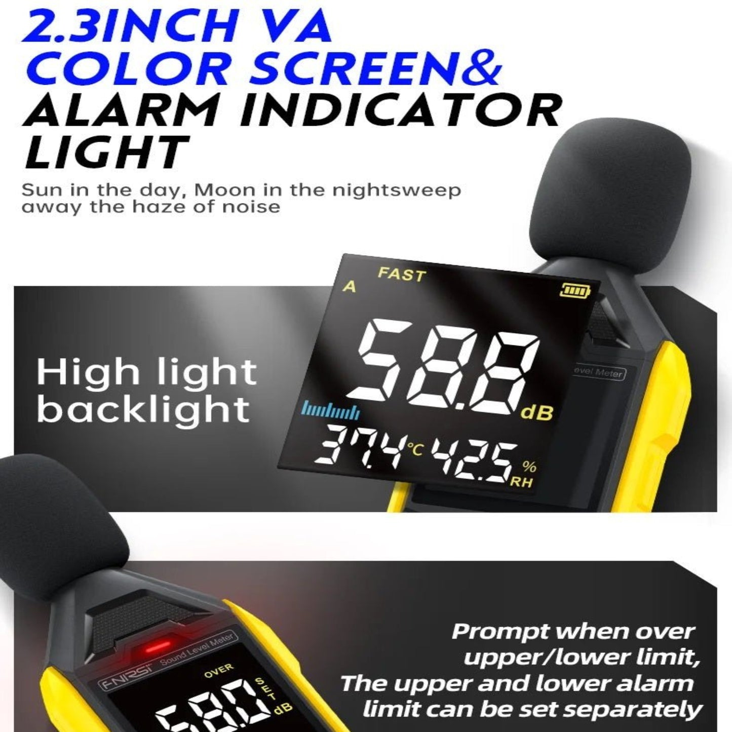 FNIRSI High-Precision Digital Noise Decibel Meter display with color screen showing 58.6 dB and alarm indicator features.