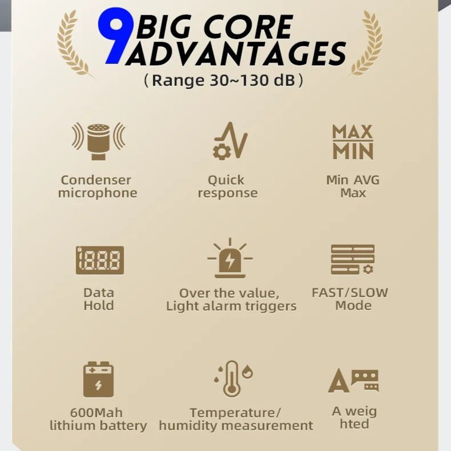 Overview of FNIRSI FDM01 decibel meter features, highlighting 9 key advantages such as quick response and data hold.
