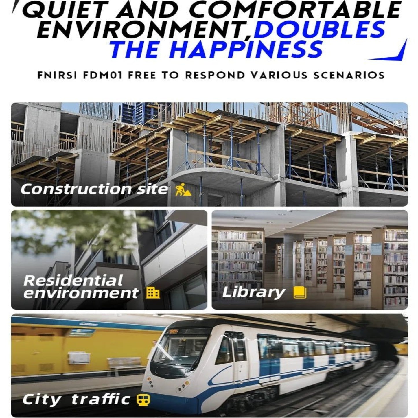 FNIRSI FDM01 noise meter in various environments: construction site, residential, library, city traffic, office, workshop.