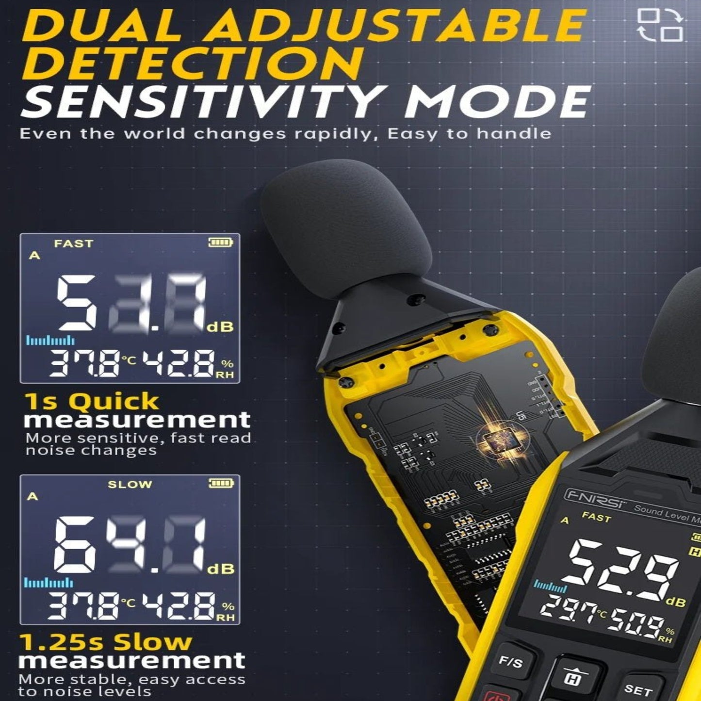 Image of FNIRSI digital noise decibel meter showcasing dual detection sensitivity modes with measurements and self-set range.