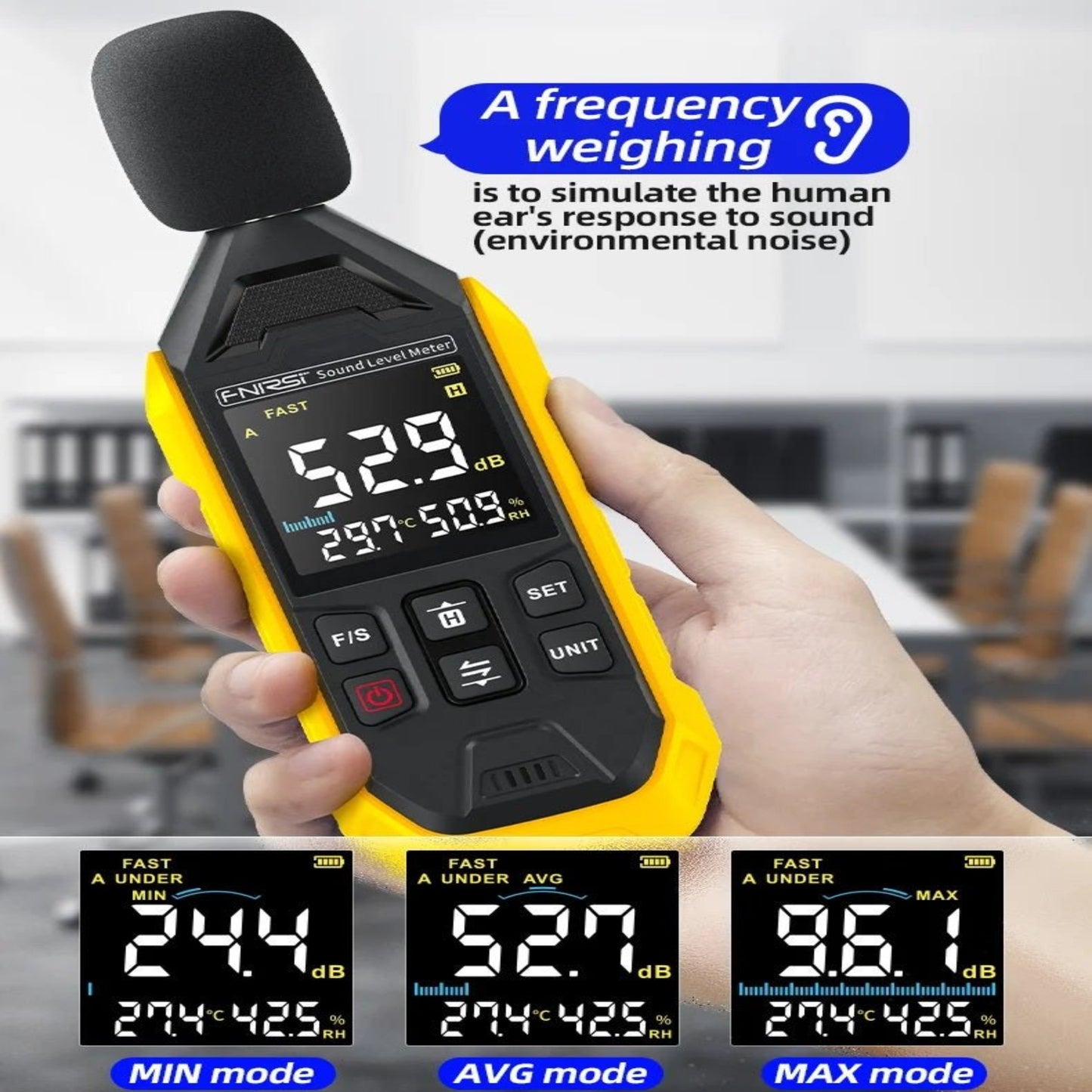 FNIRSI High-Precision Digital Noise Decibel Meter displaying dB levels, perfect for noise measurement in various environments.