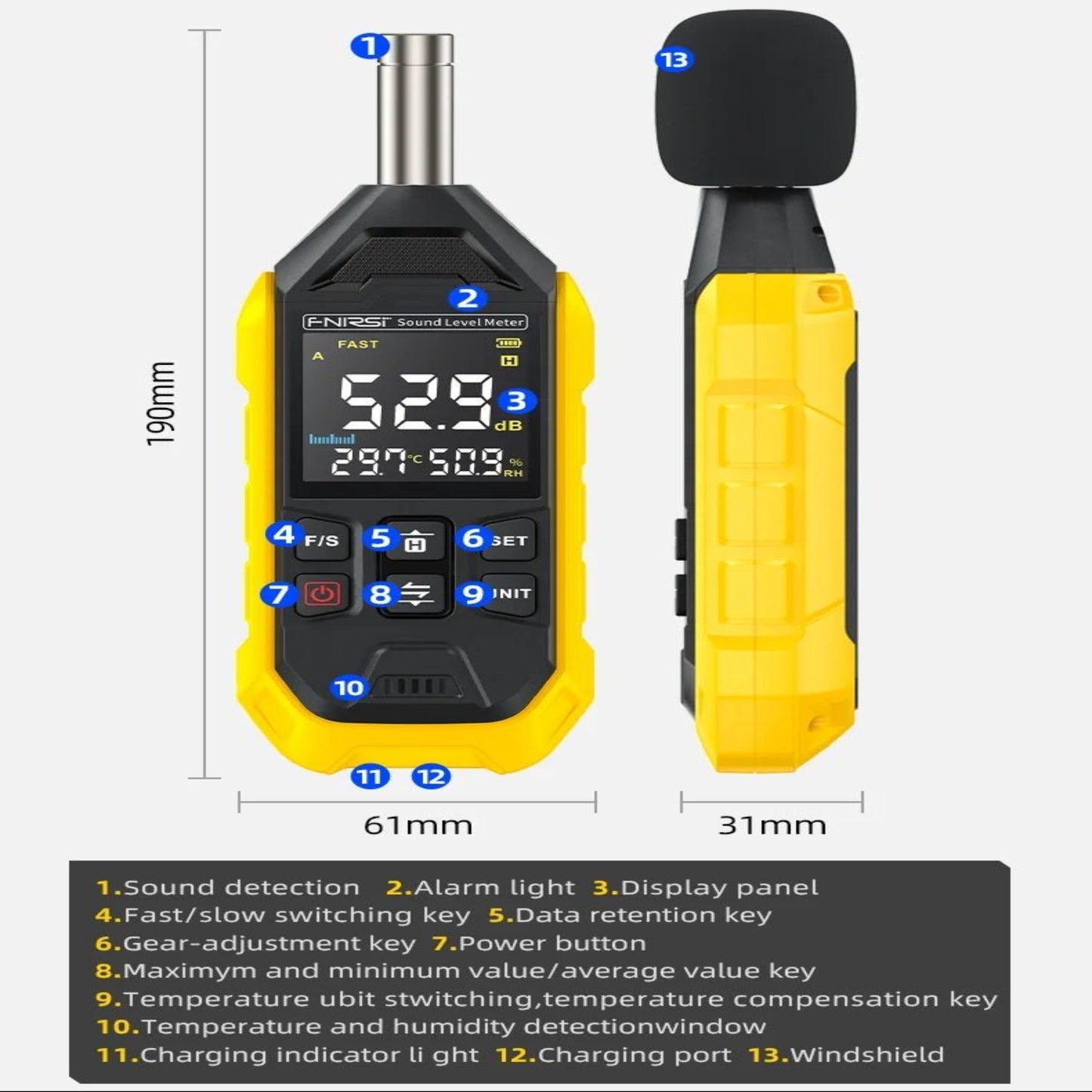 FNIRSI High-Precision Digital Noise Decibel Meter showing product parameters and features for sound detection.