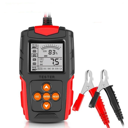 FOXSUR 12V 24V Smart Battery Tester FBT200 with red and black clamps, ideal for automotive diagnostics.