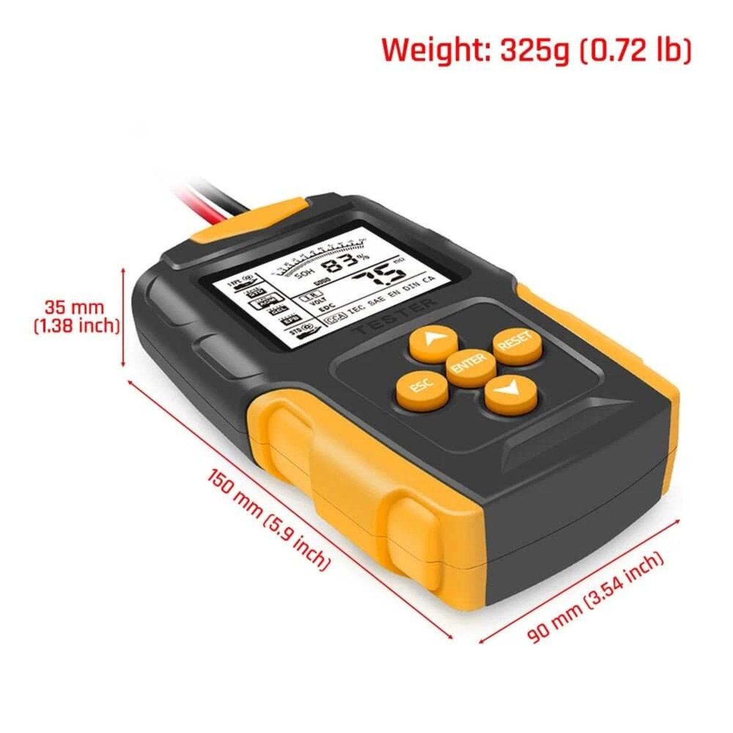 FOXSUR 12V 24V Smart Battery Tester showing compact size and weight for easy handling.