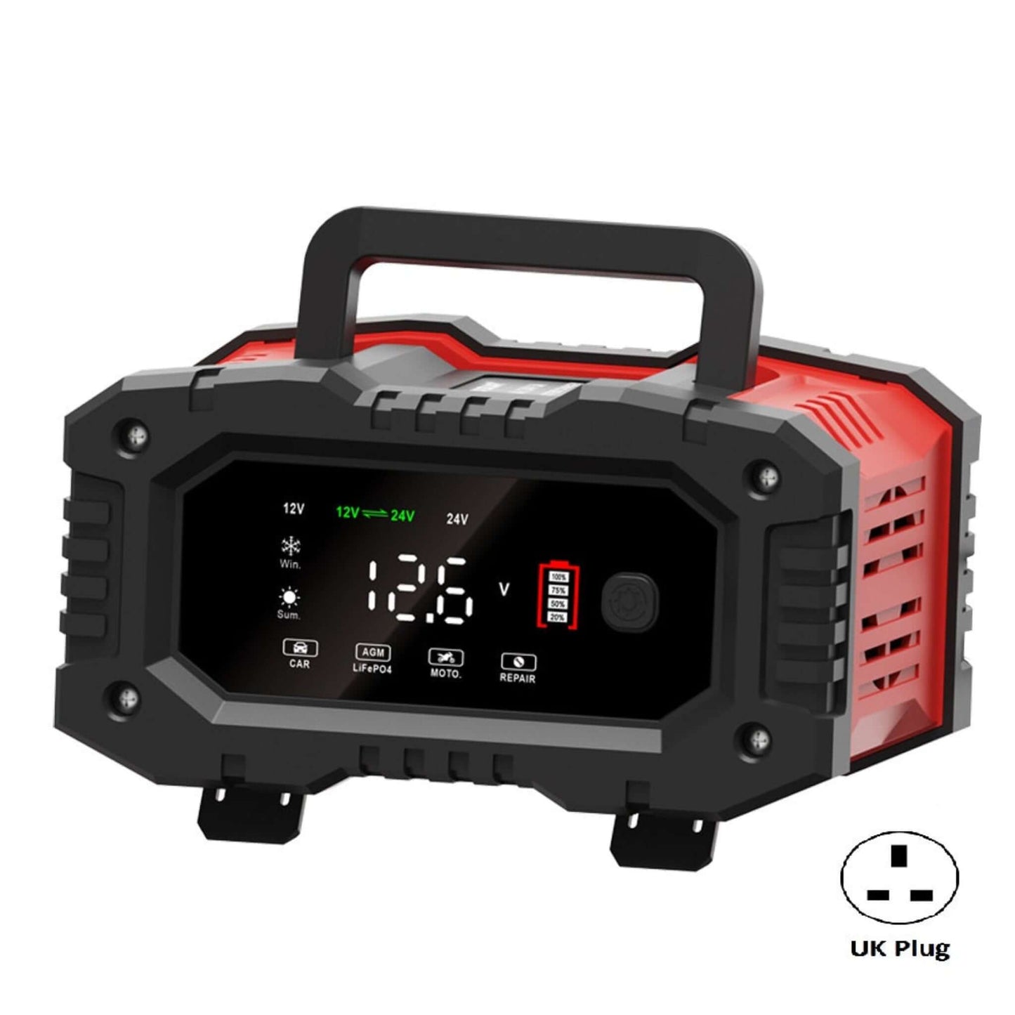 Portable power station with digital display and handle on a white background