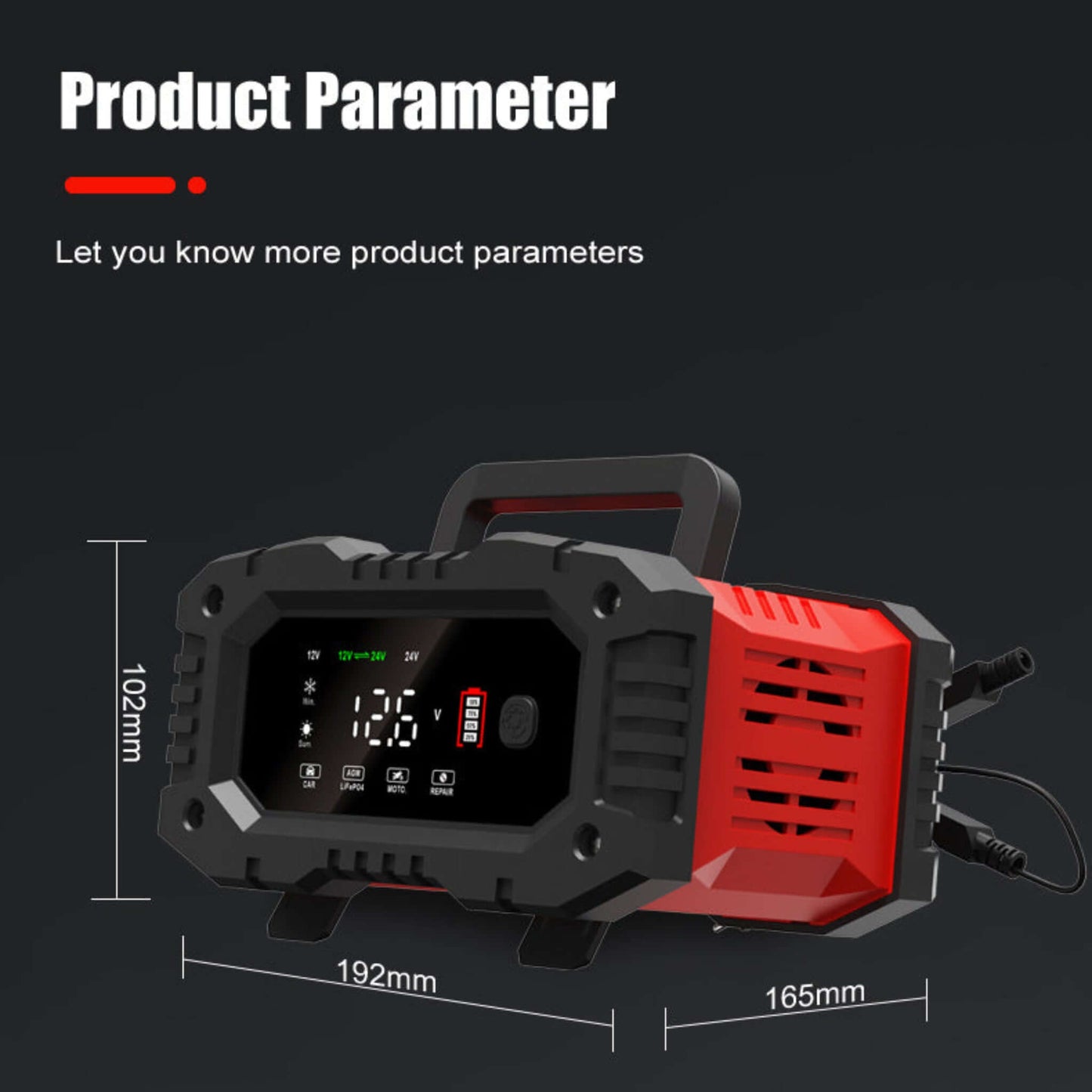 Black and red electronic device with digital display and measurements on a black background