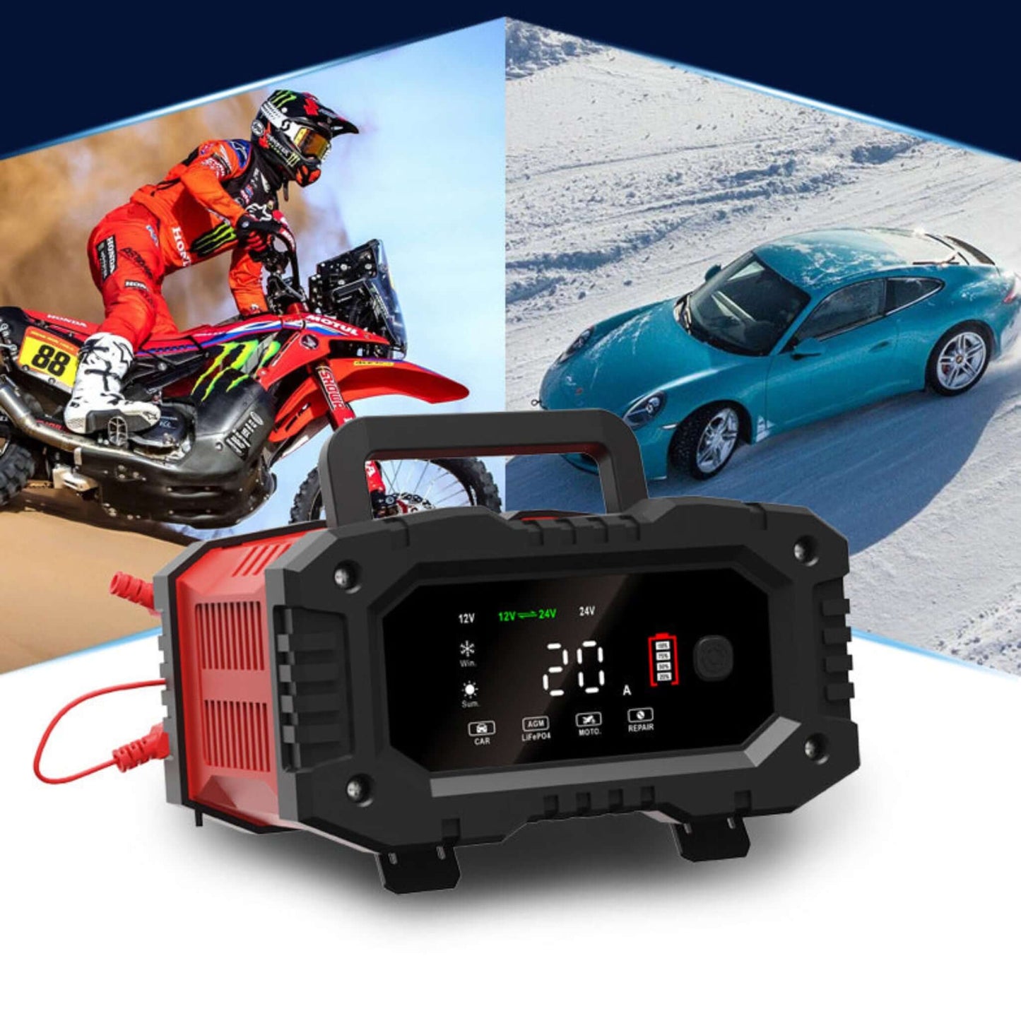 Power inverter with digital display on a background of a motocross rider and a car.