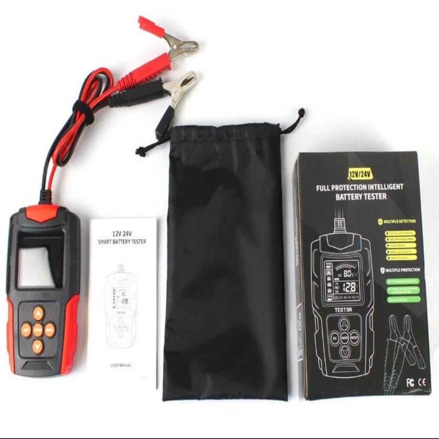 FOXSUR 12V 24V Smart Battery Tester kit with device, user manual, and carrying pouch.