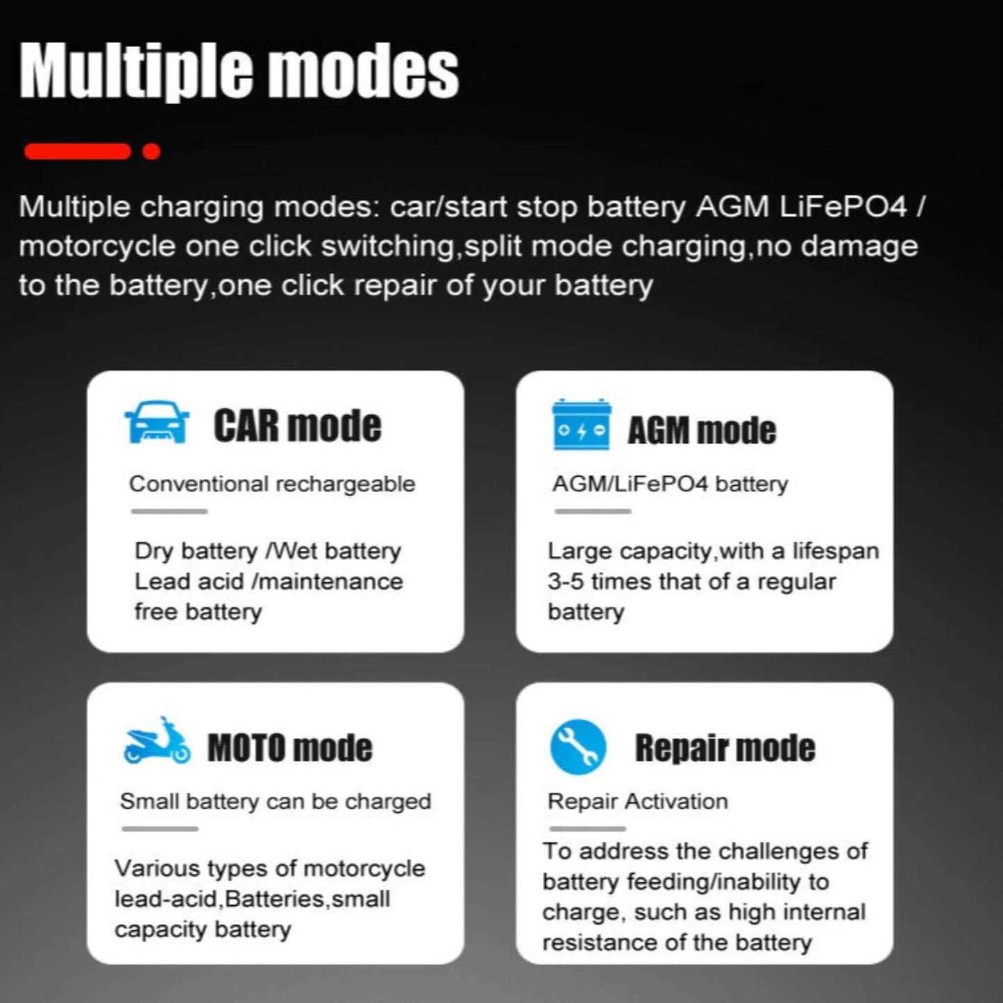 Diagram of multiple battery charging modes on a black background