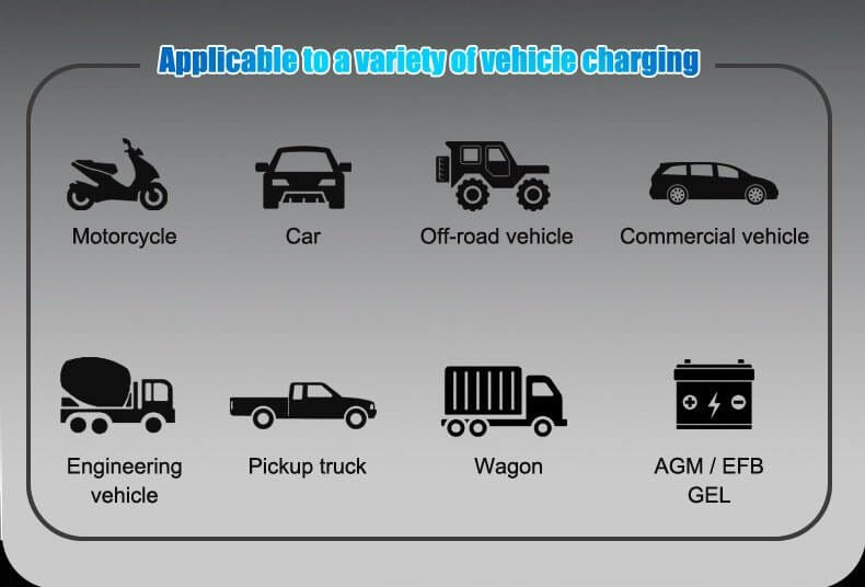 Diagram showing icons of various vehicles and battery types applicable to vehicle charging.
