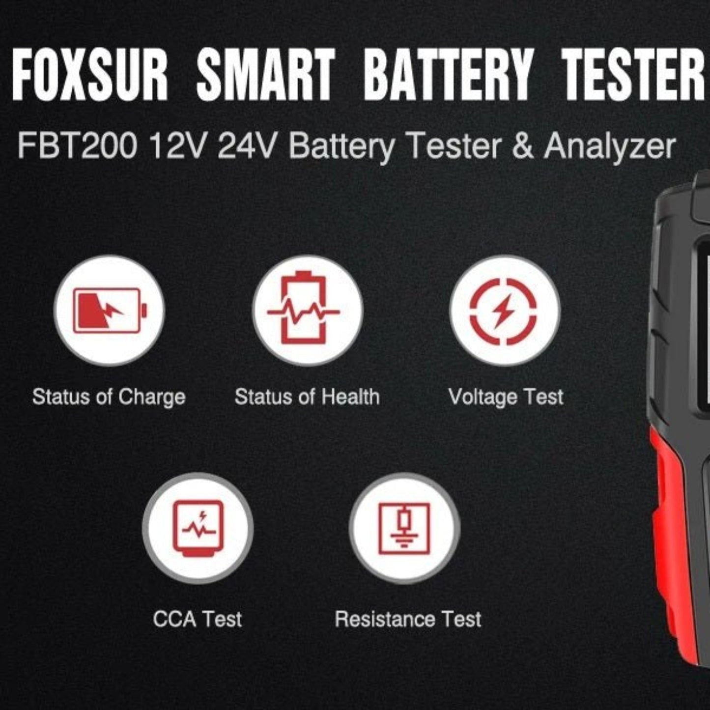 FOXSUR Smart Battery Tester FBT200 highlighting key features: SOC, SOH, Voltage, CCA, Resistance Test.