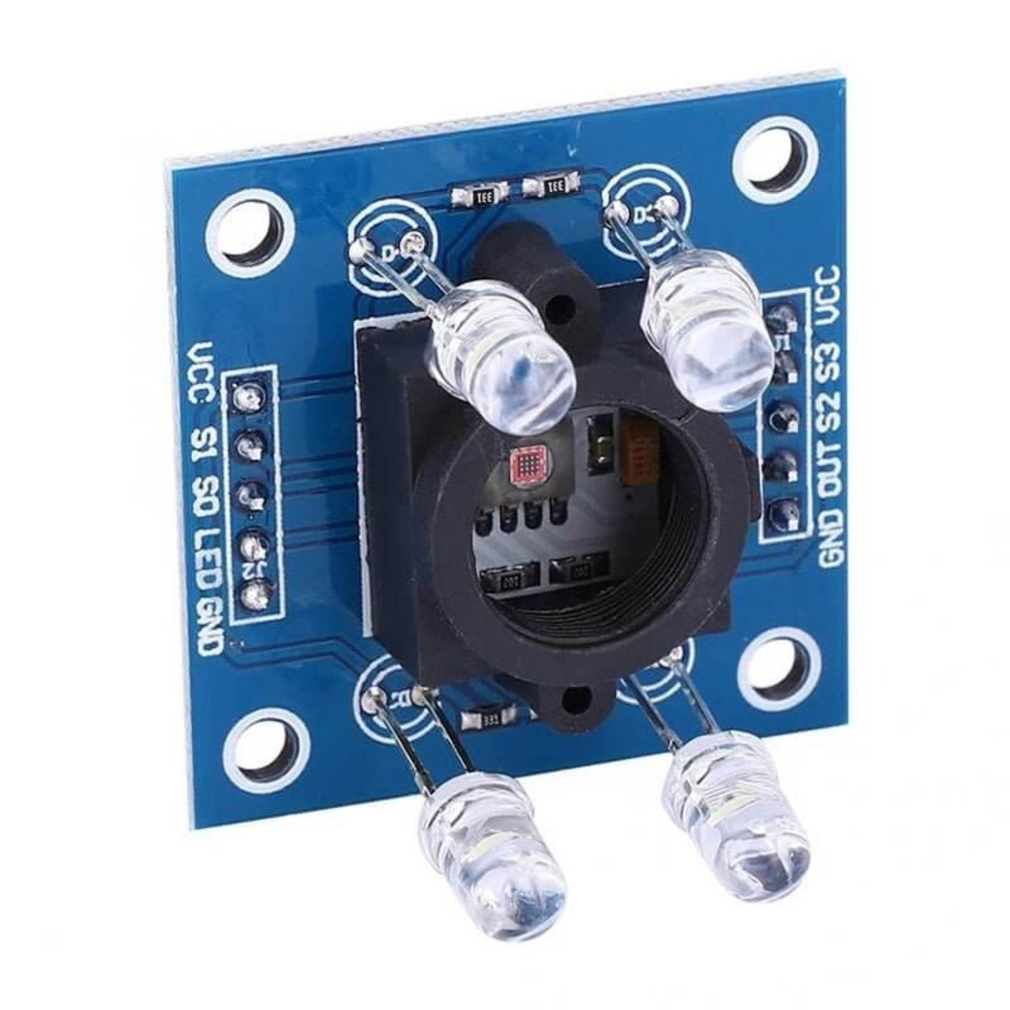 GY-31 TCS3200 color recognition sensor module with white LEDs for color detection and microcontroller compatibility.