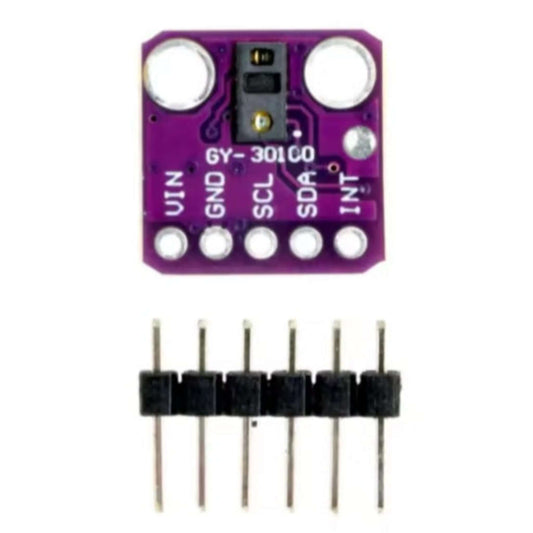 Front view of a purple GY-MAX30100 heart rate and blood oxygen concentration sensor module with pins labeled.