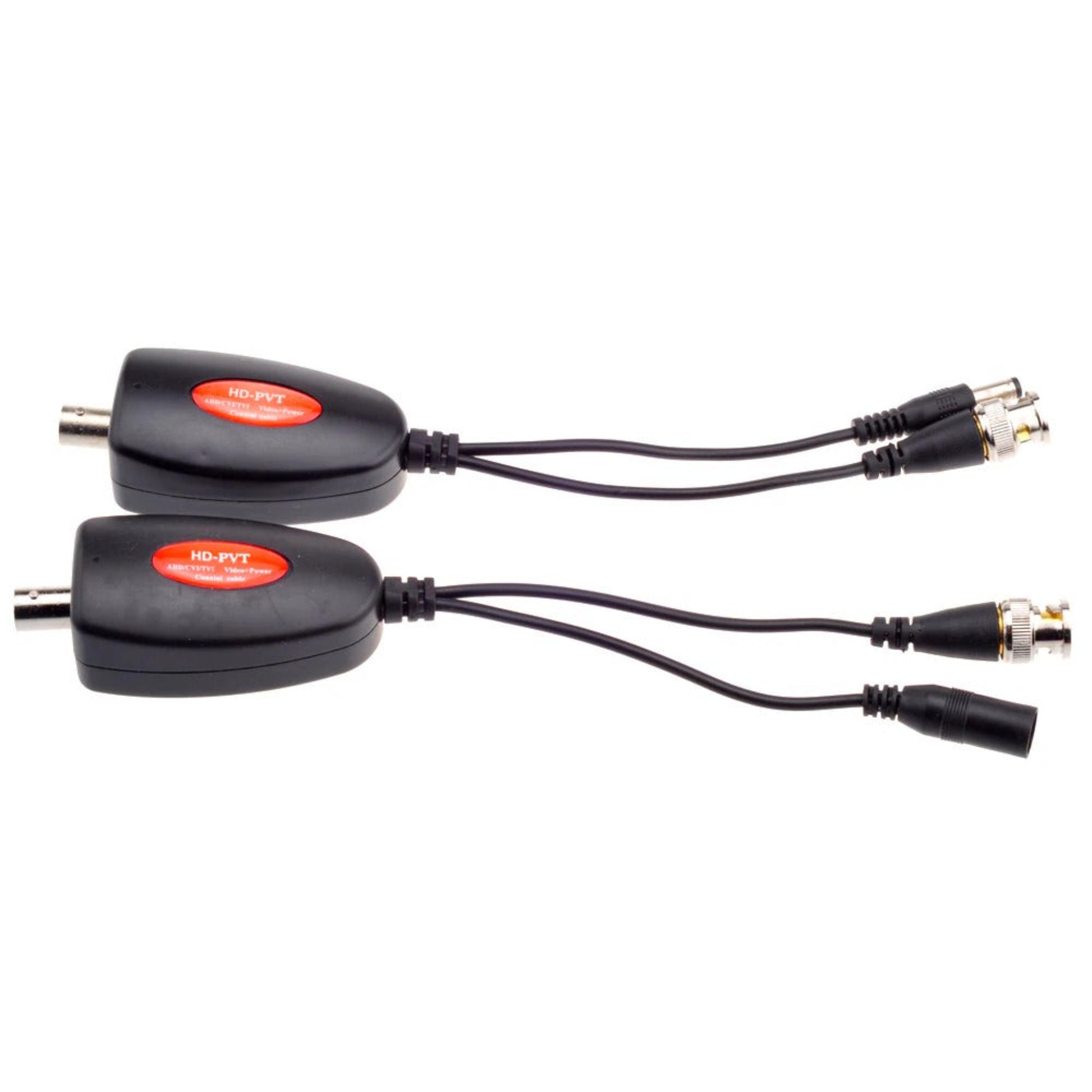 HD-PVT PoC Transmitters: BNC male/female and DC power plugs for AHD/CVI/TVI CCTV systems.