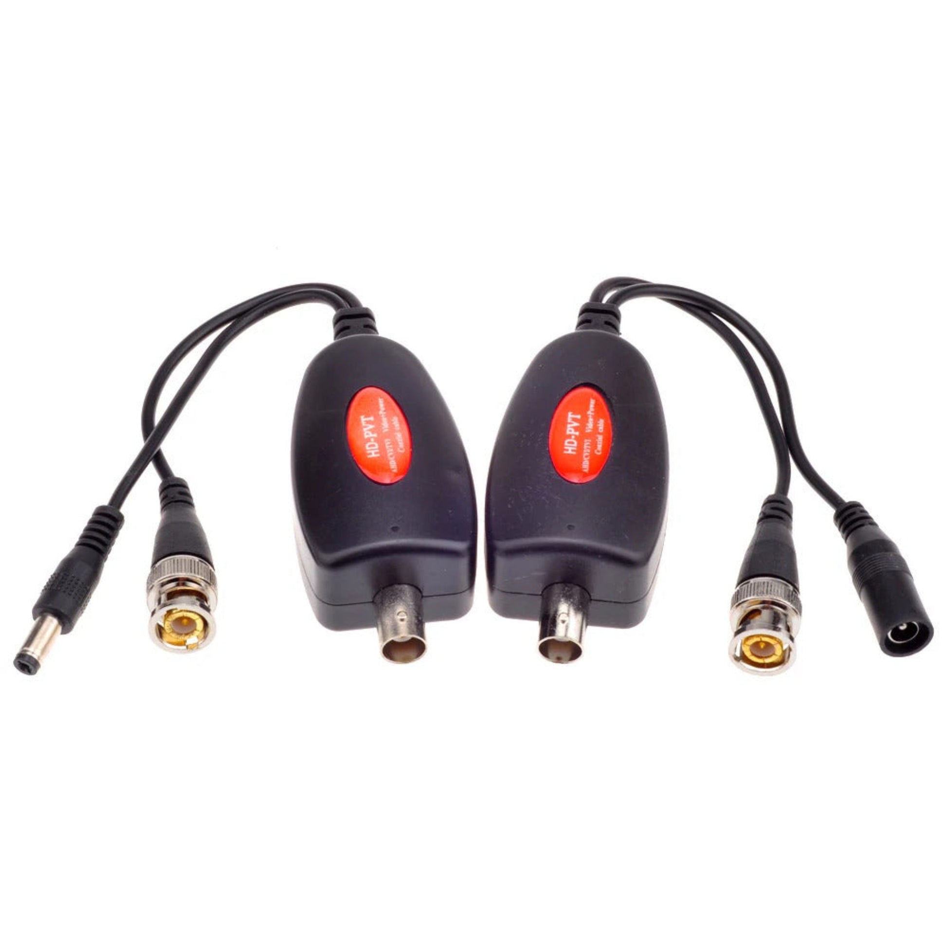 Pair of HD-PVT PoC Transmitters with BNC and DC power connectors. 400M CCTV extender.