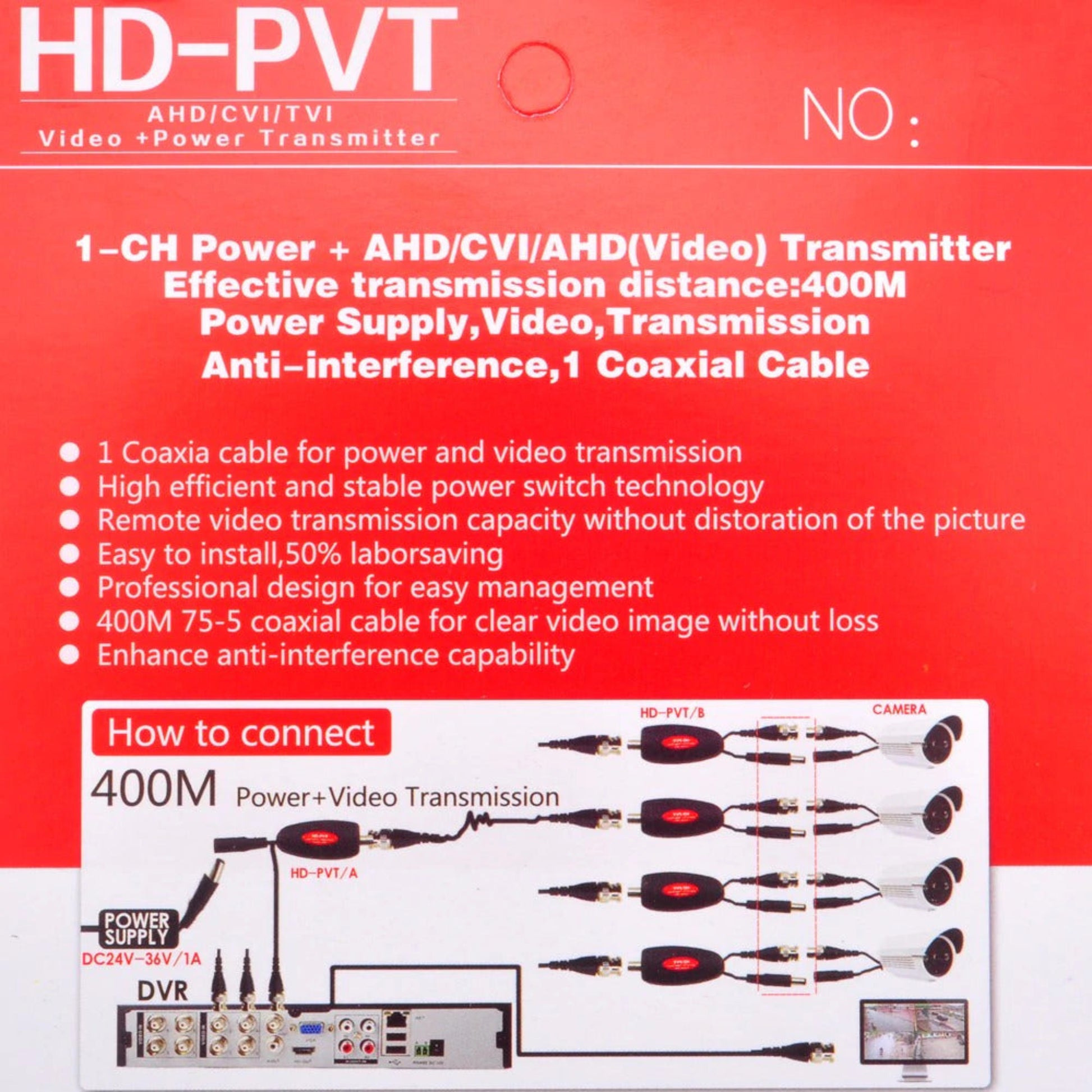 HD-PVT Balun Coaxial Cable wiring diagram showing DVR to CCTV Camera power and video.