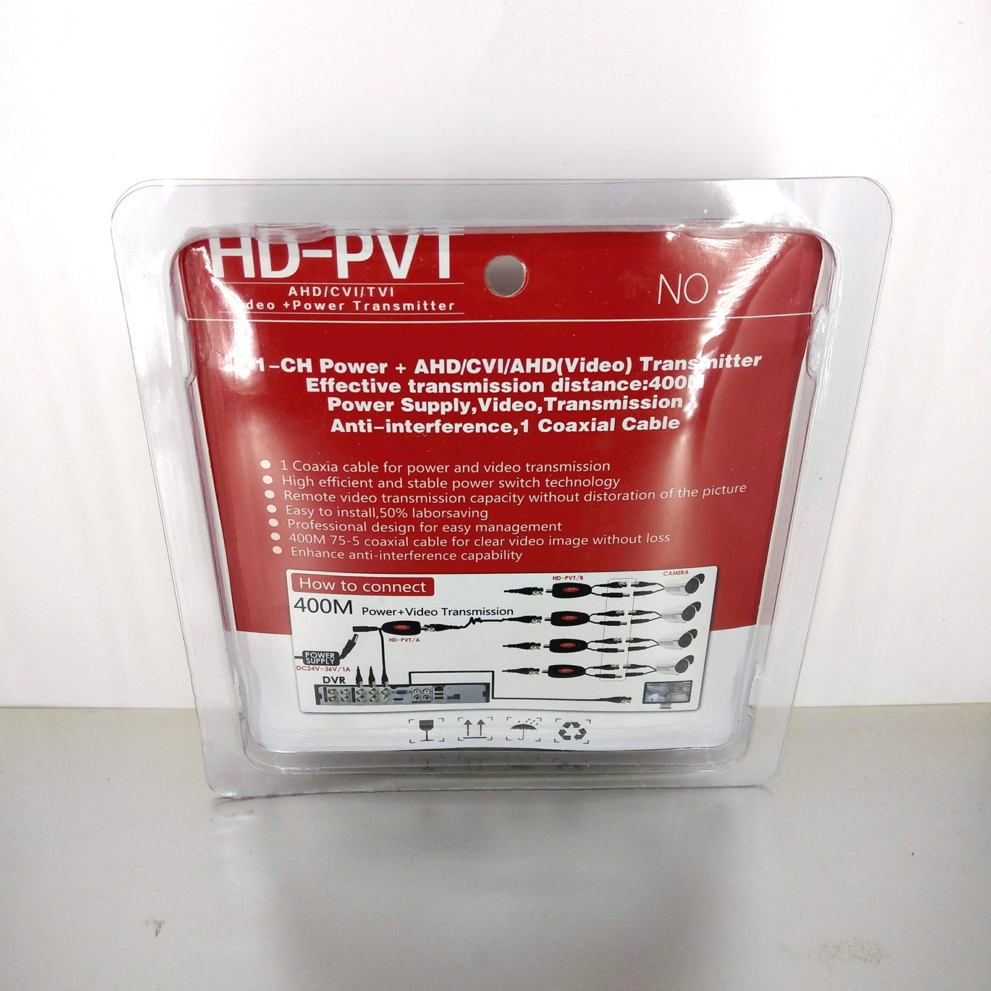 HD-PVT 400M Coax Video+Power Transmitter; 1-CH AHD/CVI/TVI supports 1080P/720P resolution.