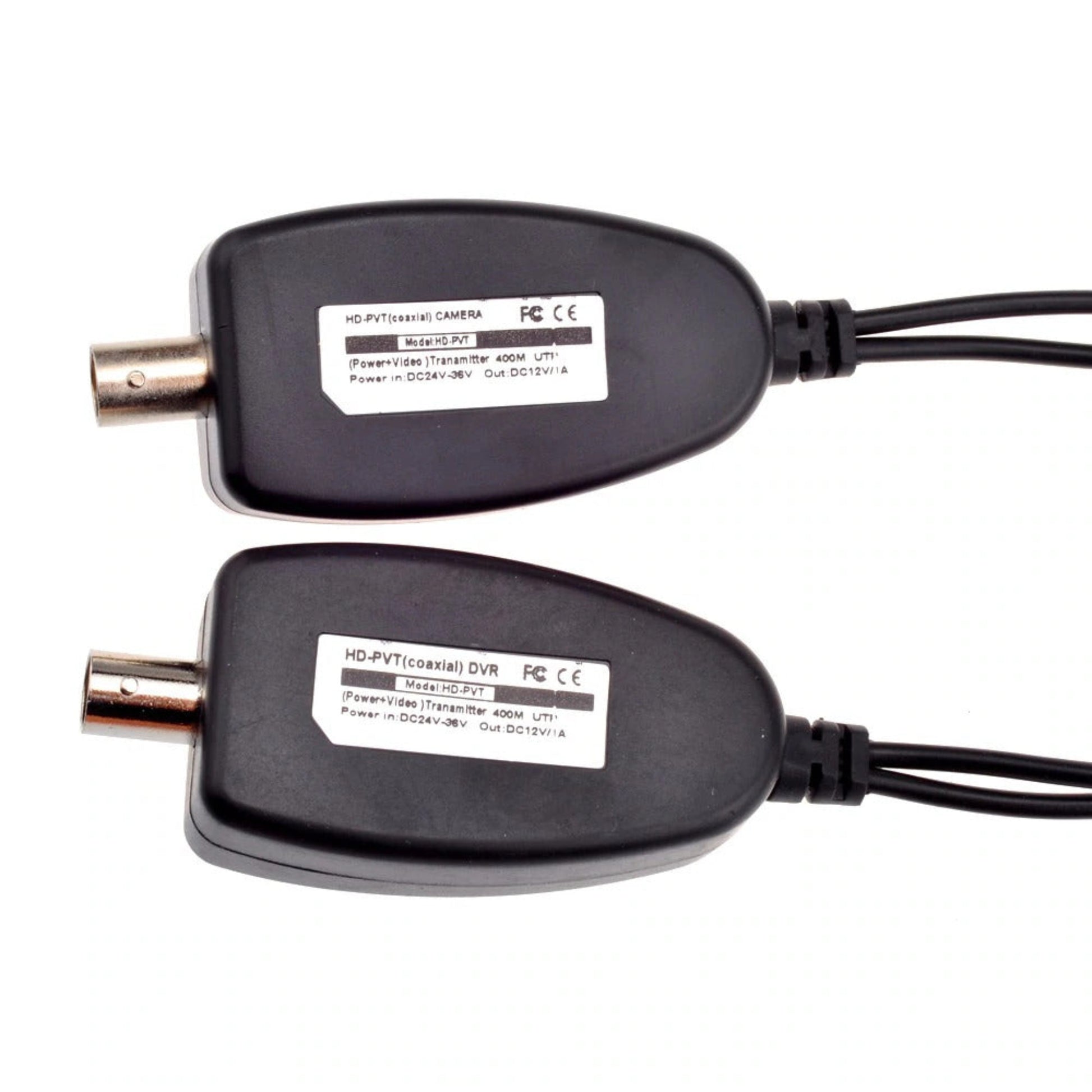 HD-PVT Power over Coaxial Balun label showing DC24V-36V in and DC12V/1A out specifications.