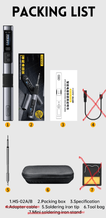 Packing list for FNIRSI HS-02 Smart Soldering Iron including tools and accessories.