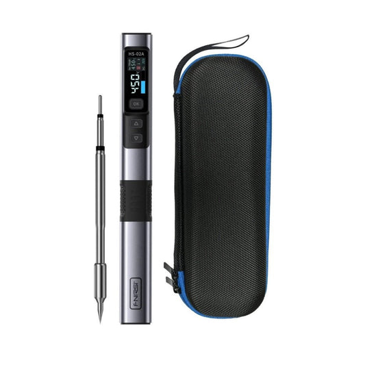 FNIRSI HS-02 Smart Soldering Iron with digital display, tip, and protective case for precise soldering on-the-go.