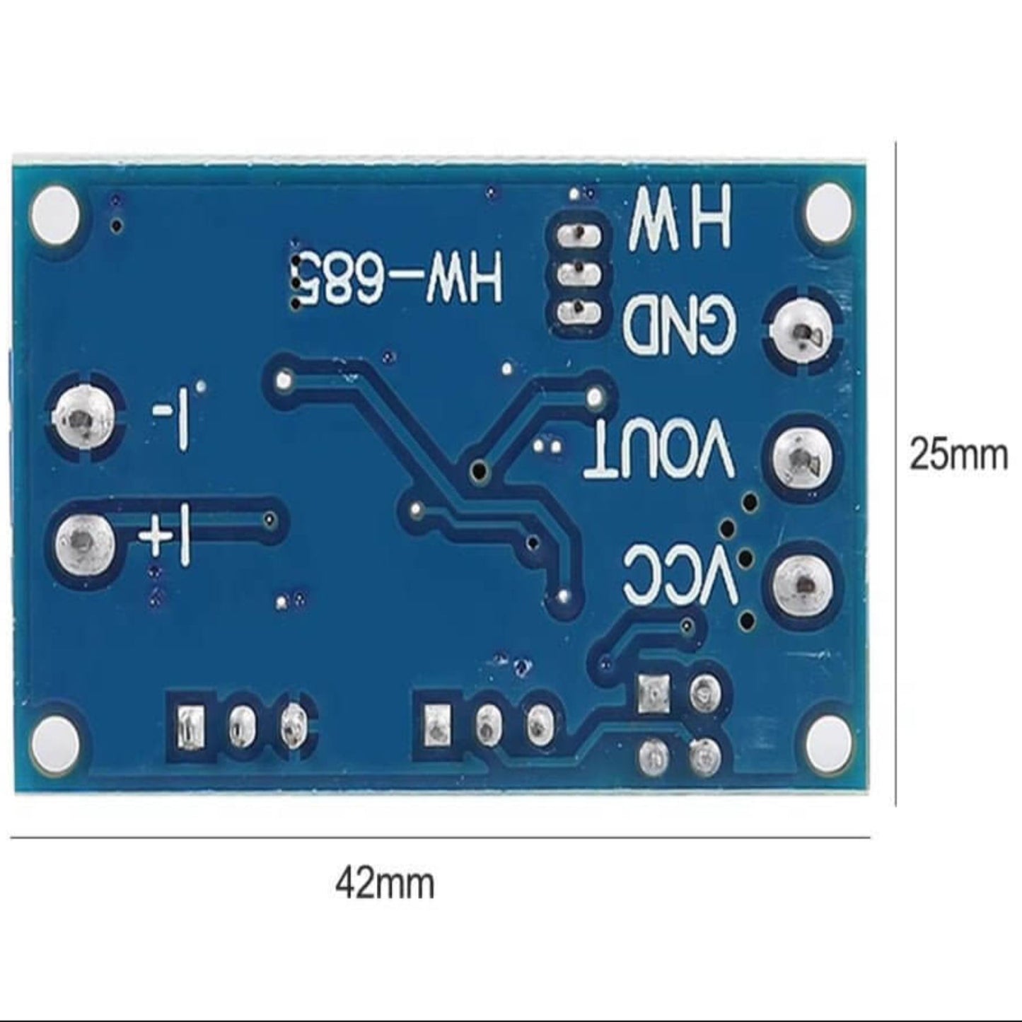 HW-685 Current to Voltage Module PCB, 4-20mA to voltage output, dimensions 42mm x 25mm, perfect for Arduino applications.