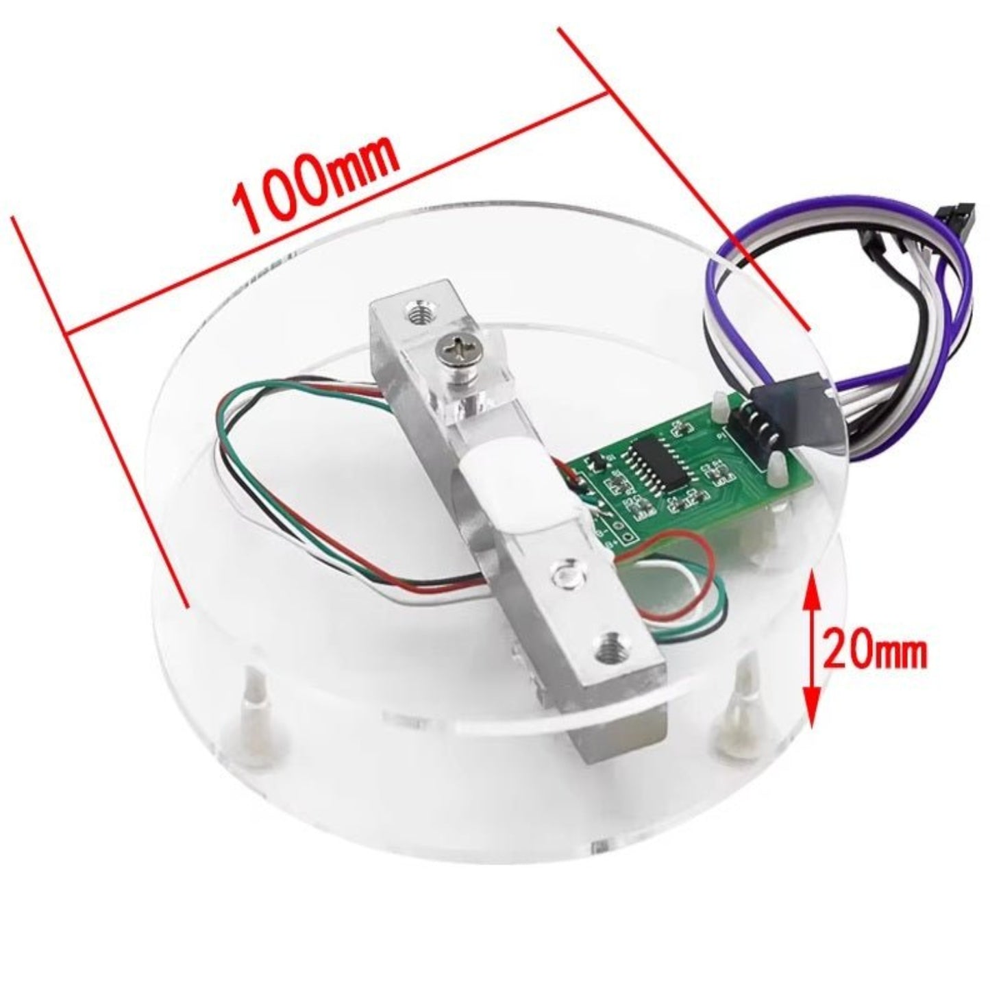 HX711 digital load cell sensor on a clear acrylic base, dimensions 100mm x 20mm, ideal for Arduino projects.